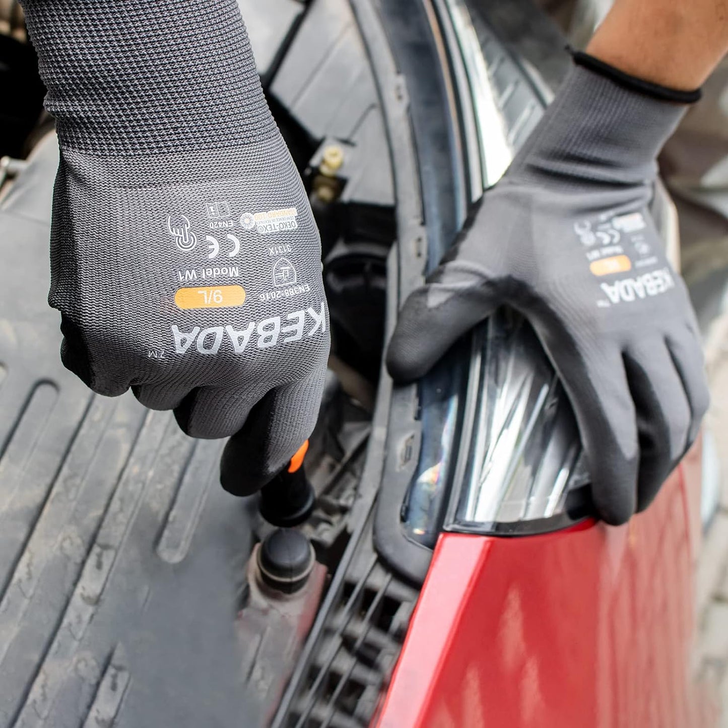 Kebada W1 Work Gloves for Men and Women, Touchscreen PU Coated Gloves with Grip, 50 Pairs Bulk Pack, Ideal for Warehouse Package Handling, Construction, Gardening, Gray Small