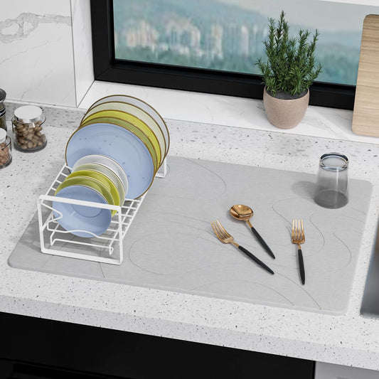 Large Stone Drying Mat for Kitchen Counter, 24" ¡¿ 16" Diatomite Dish Drying Mat, Quick Dry Stone Mats, Ultra Absorbent Natural Diatomaceous Earth Mats for Dished, Bottles, Light Grey