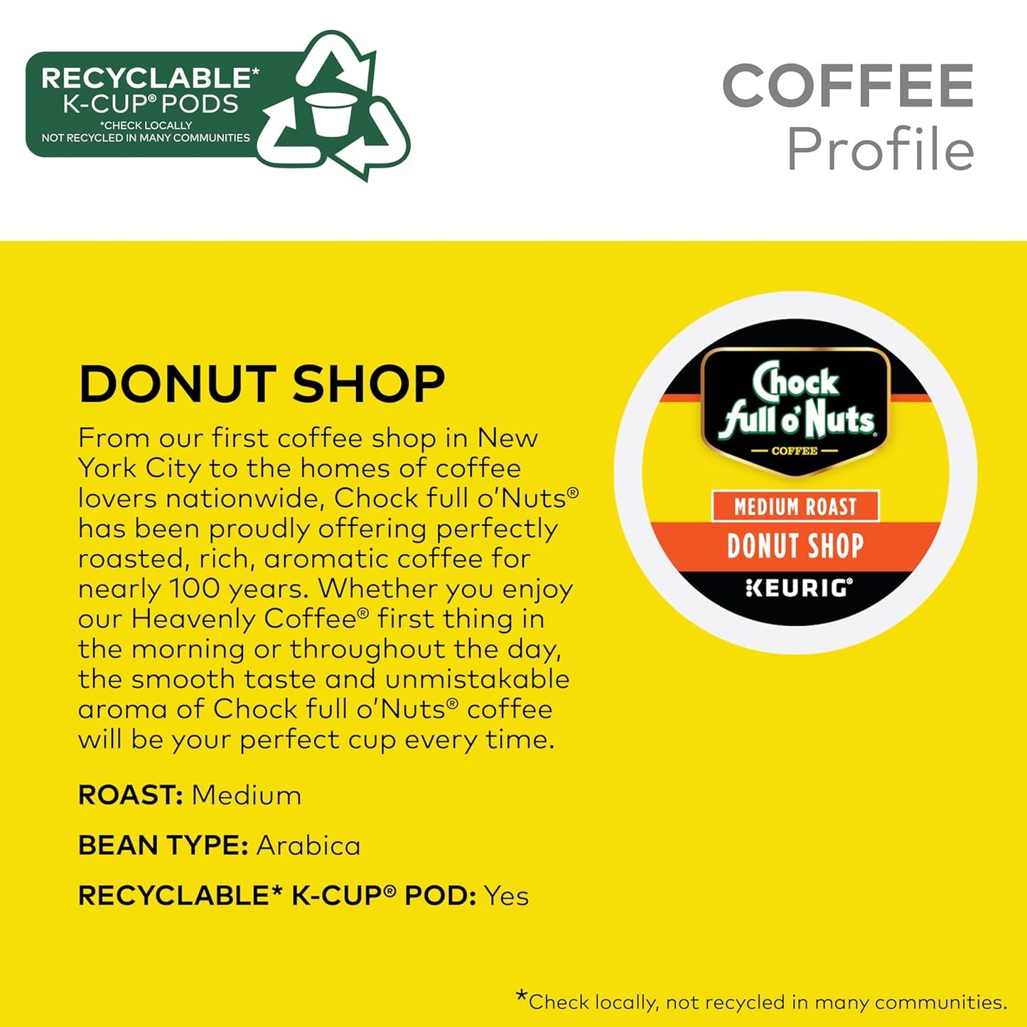Chock full o’Nuts Donut Shop Keurig K-Cup Pods for Keurig Brewers – Premium Arabica, Medium Roast – Single Serve – 4 Packs of 24 K-Cup Pods