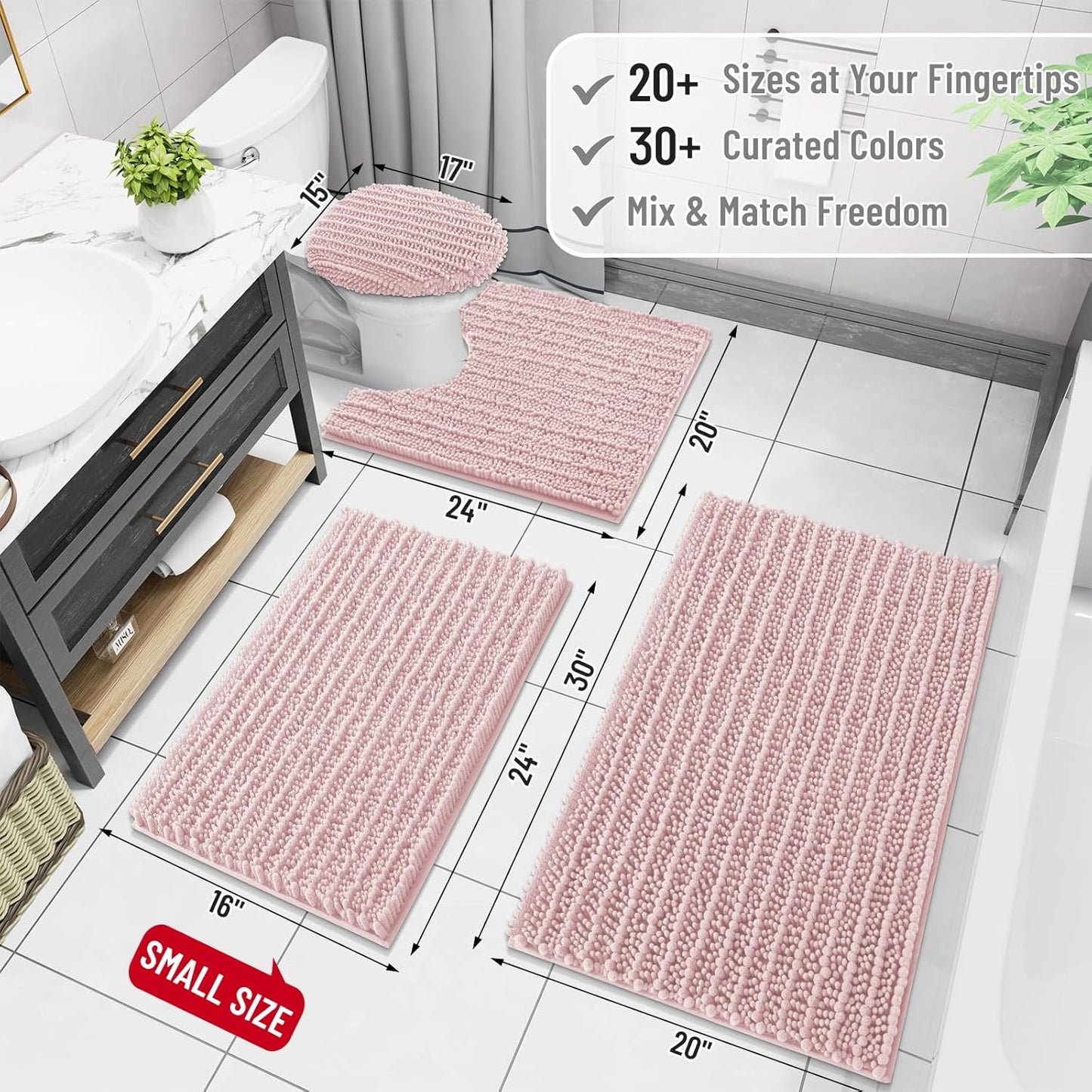 Arotive Luxury Chenille Bathroom Rug Mat, Extra Soft Thick Absorbent Shaggy Bath Rugs, Non-Slip Machine Wash Dry, Plush Bath Mats for Bathroom, Shower and Tub, 30x17, Dirty Pink