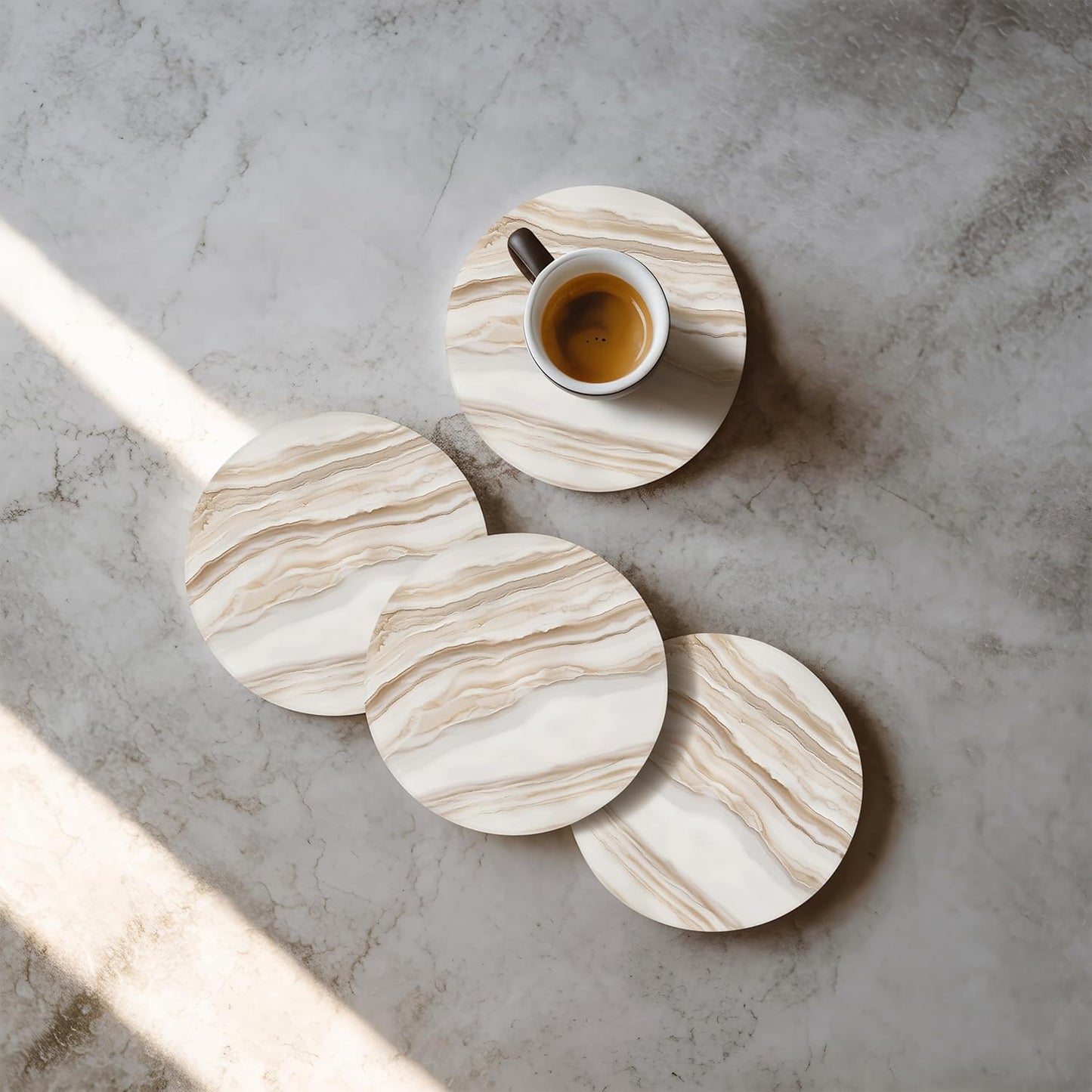 VEYRO Coasters Set of 6 for Drinks – Absorbent Ceramic Stone Drink Coasters with Cork Backing for Coffee Table & Desk, Modern Marble Look Cup Coaster Set, Housewarming Gift for New Home