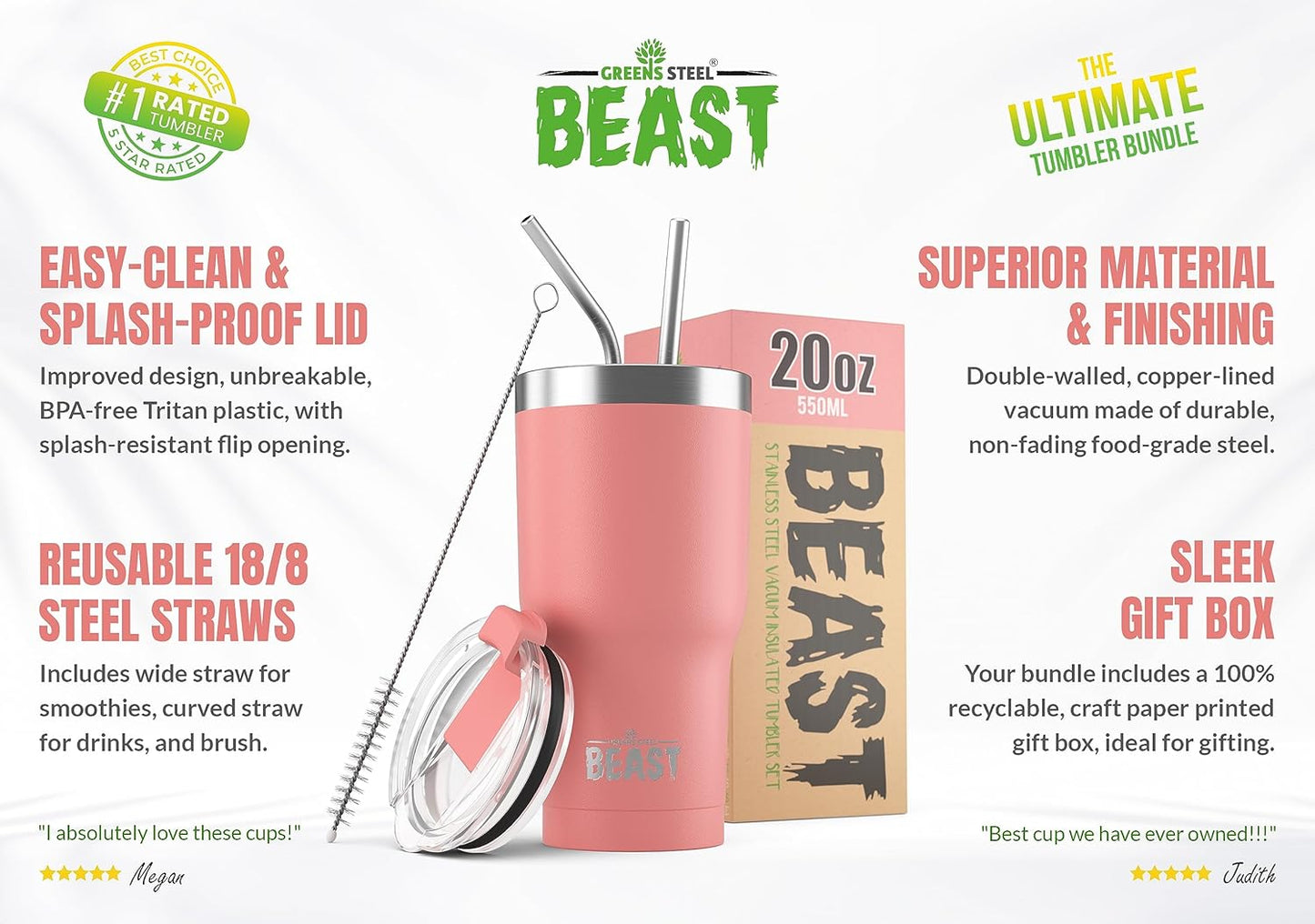 Beast 20 oz Tumbler Stainless Steel Vacuum Insulated Coffee Ice Cup Double Wall Travel Flask (Blossom Pink)