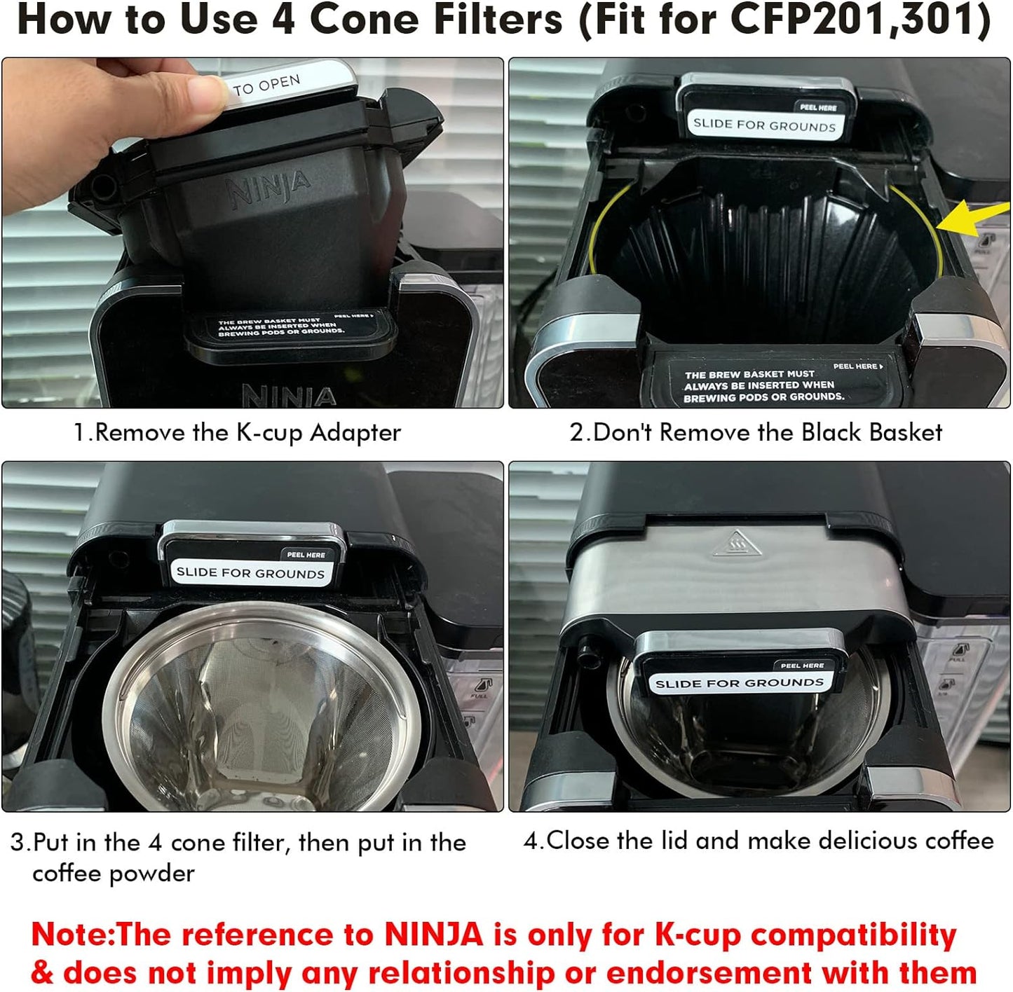 Stainless Steel Reusable Coffee Filter Compatible with Ninja Coffee Maker, 4 Cone Coffee Filters Coffee Basket, Permanent Coffee filters fit for Ninja CFP201 CFP300