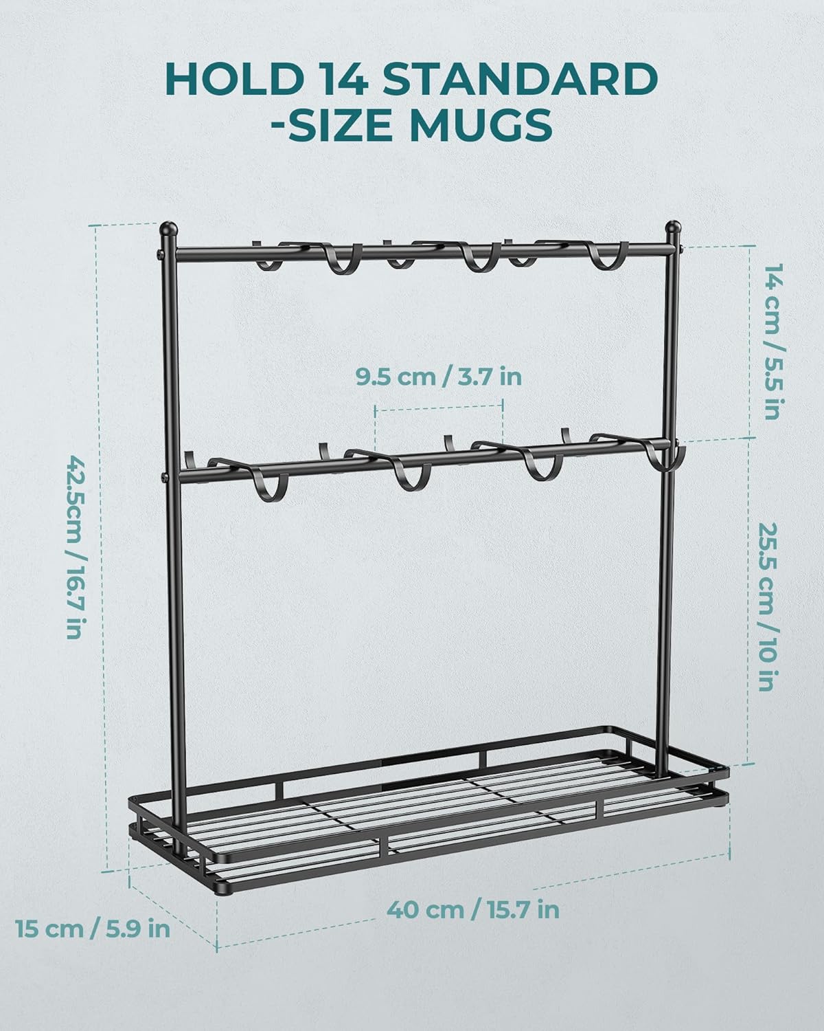 OROPY Coffee Mug Holder for Countertop, 14-Hook Mug Tree Rack for 14 Cups, 2 Tier Mug Display Stand with Heavy Duty Metal Base
