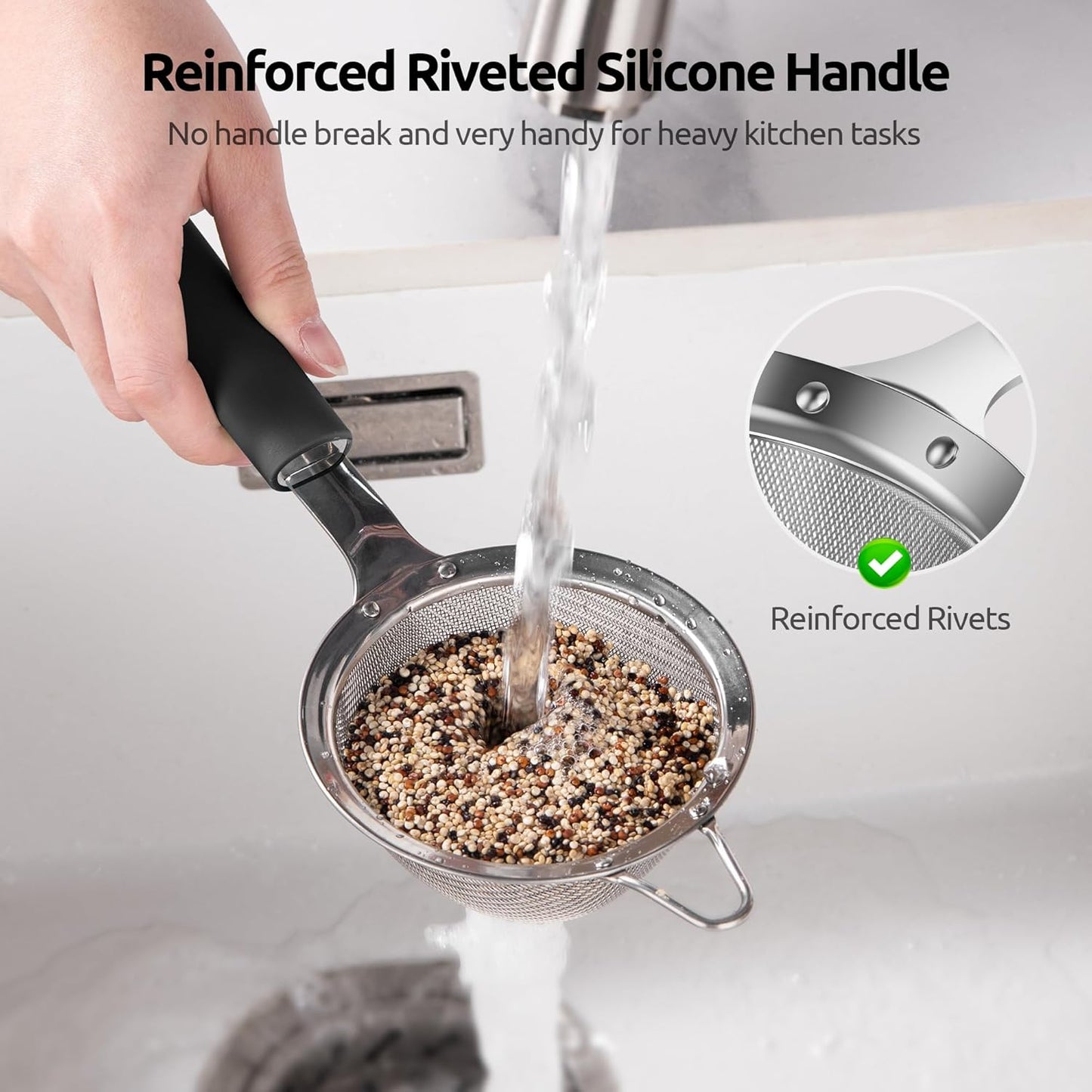 U-Taste Small Fine Mesh Strainer: 18/8 Stainless Steel 3.35in 30 Mesh Kitchen Food Sieve with Sturdy Riveted Silicone Handle, Heavy Duty Deep Handheld Metal Colander for Tea, Juice (Black)