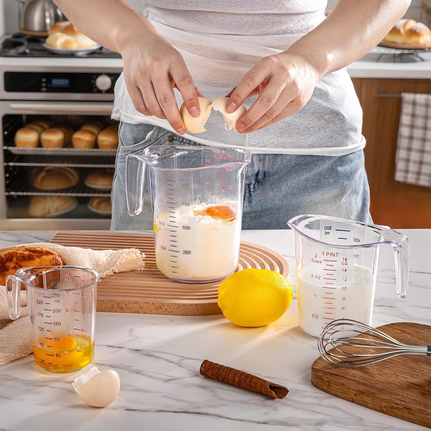 DaYammi Measuring Cups 5-Piece, Unbreakable Food-Grade Plastic Measuring Cup for Dishwasher, 1/2/4/8/16-Cup Nesting Liquid Measuring Cups for Prepping, Baking, Cooking, Readable Markings, Clear