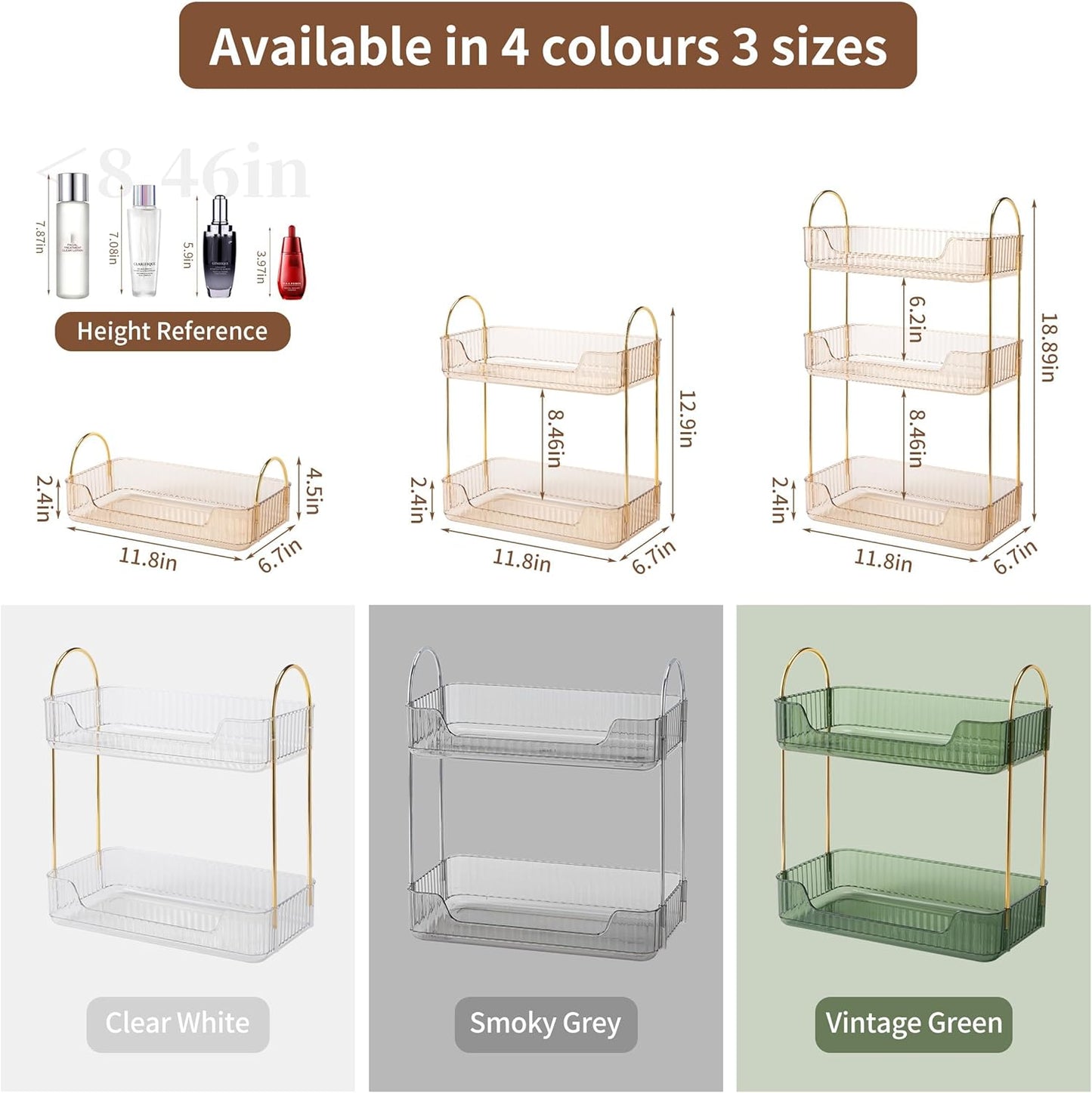 YCIA&DONE Bathroom Organizer Countertop, Makeup Storage, Skincare Cosmetic Tray Shelf, Perfume Holder Rack for Vanity Counter, Large Capacity, Easy to Install, Clean, 2 Tiers, Amber Gold