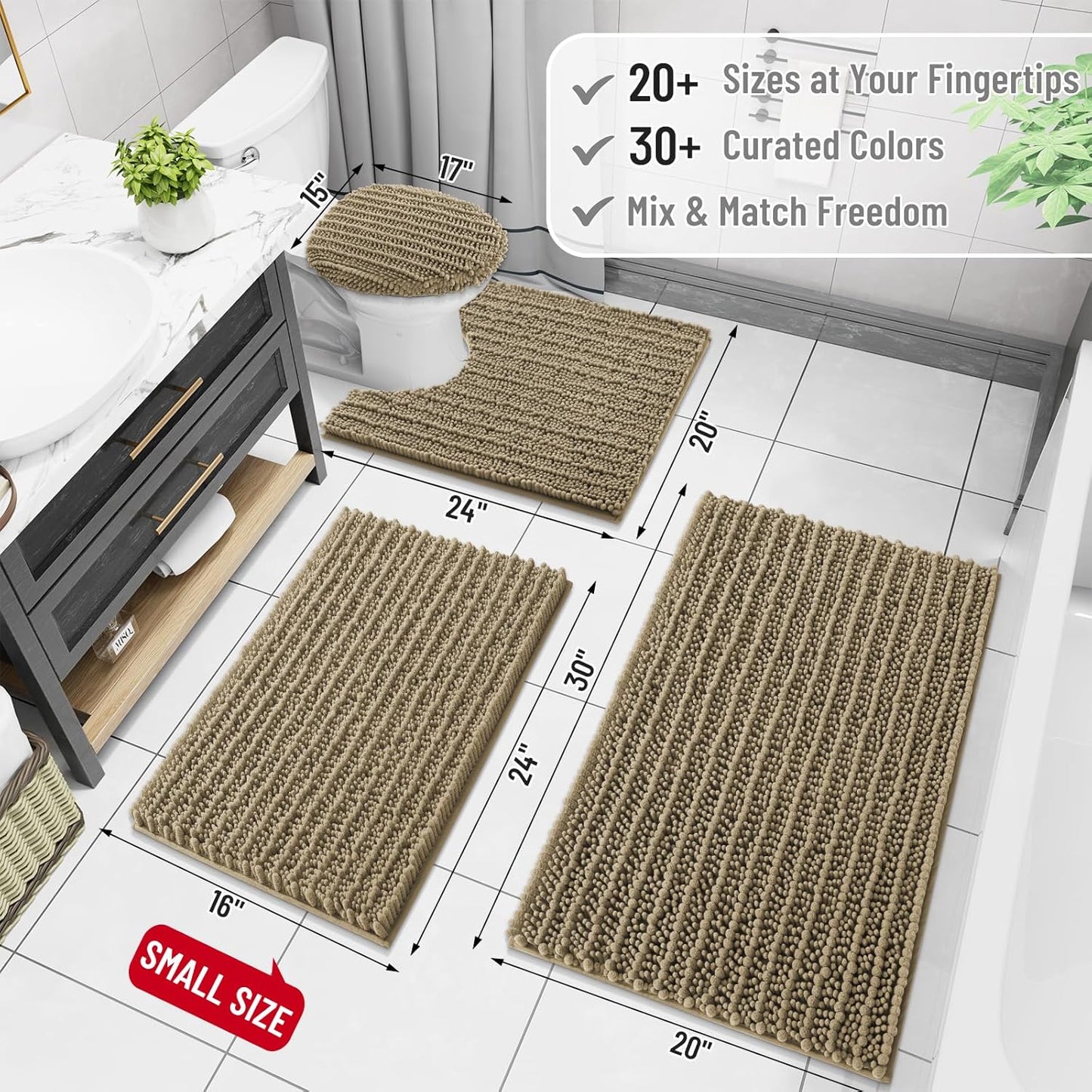 Arotive Luxury Chenille Bathroom Rug Mat, Extra Soft Thick Absorbent Shaggy Bath Rugs, Non-Slip Machine Wash Dry, Plush Bath Mats for Bathroom, Shower and Tub, 30x17, Camel
