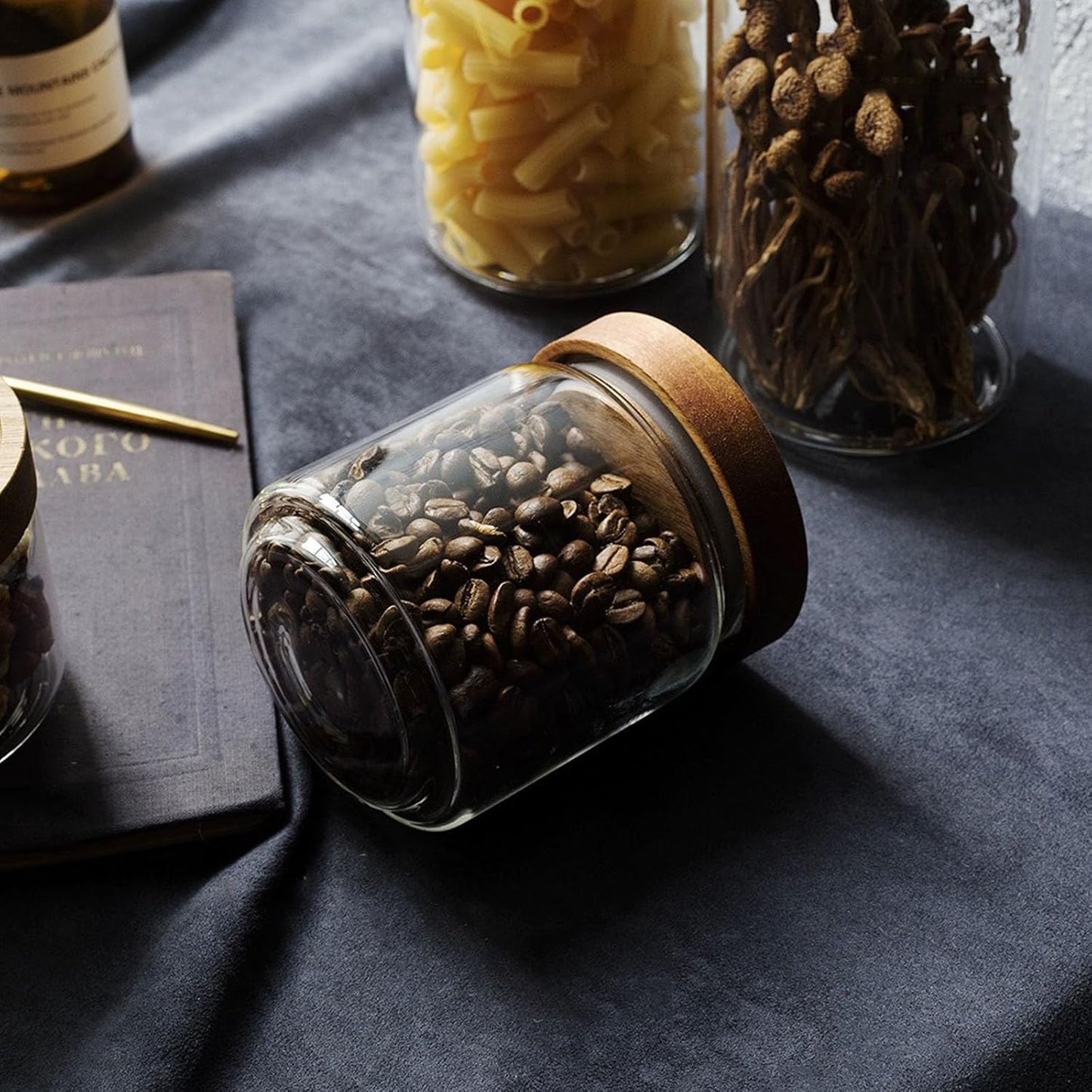 Glass jar candy Containers - 16oz kitchen Glass Airtight Storage jar With Acacia Airtight Lid，for kitchen Seasoning, coffee bean, tea, suger, herbs (4)