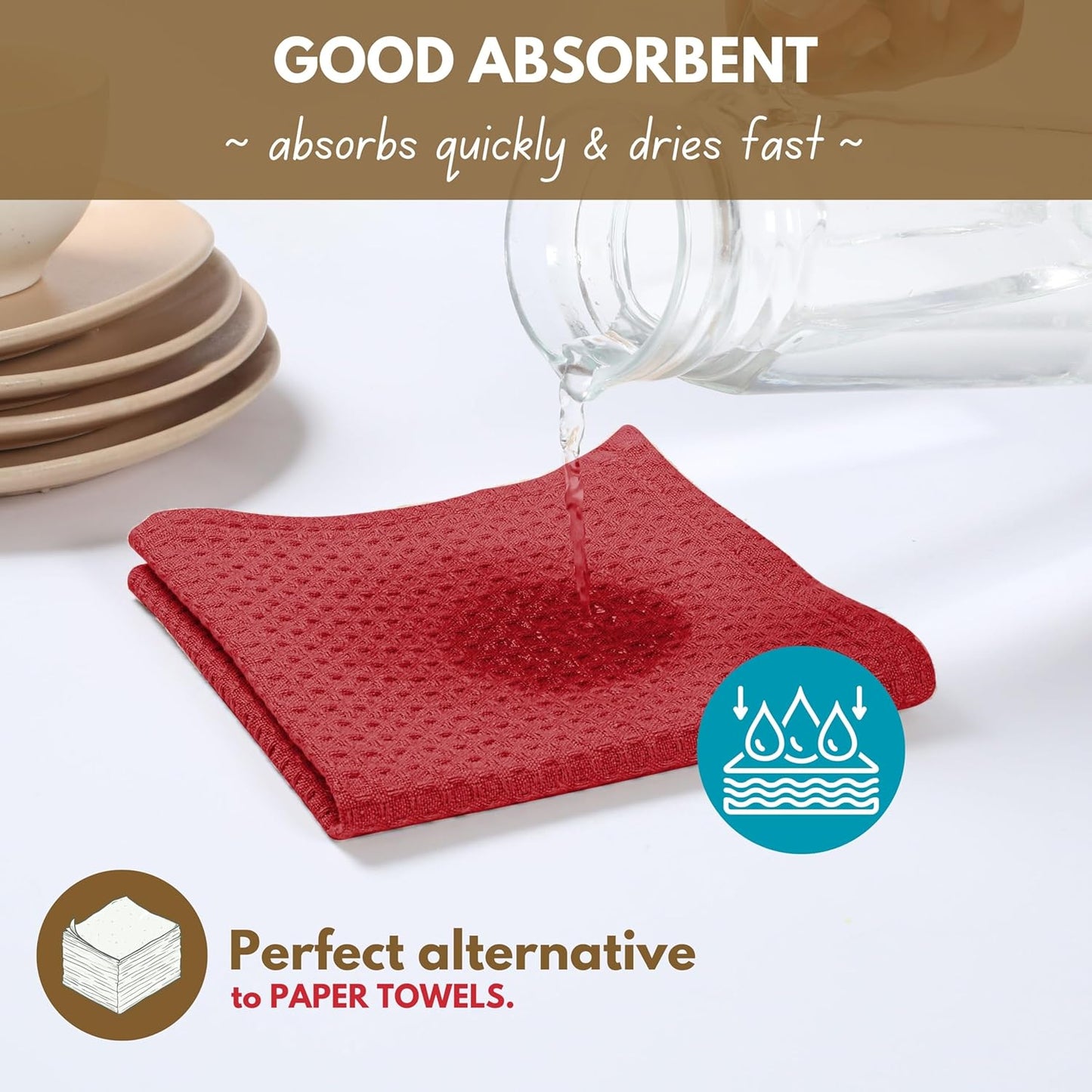 Native Fab 8 Piece Kitchen Towel & Dish Cloth Set - 100% Cotton, Soft, Absorbent, Quick Drying & Durable Cloths for Cleaning, Cooking - Machine Washable, Perfect for Home, Bars & Everyday Use - Red