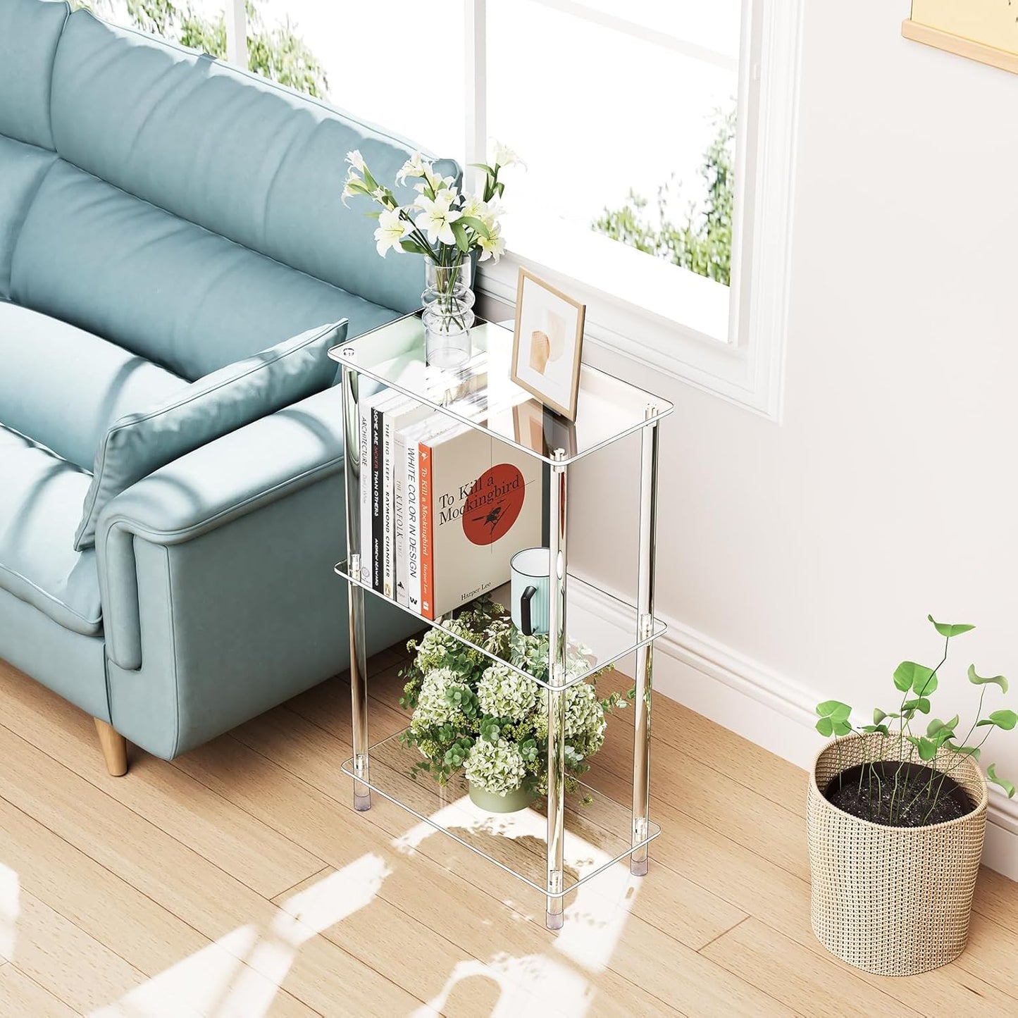 Clear Acrylic Narrow Side Table Set of 2 for Small Spaces, 15.75" L x 7.87" W x 26.7" H, 3 Tier Rectangle Slim End Table Nightstand, Small Mini Skinny Bedside Table for Bedroom, Living Room
