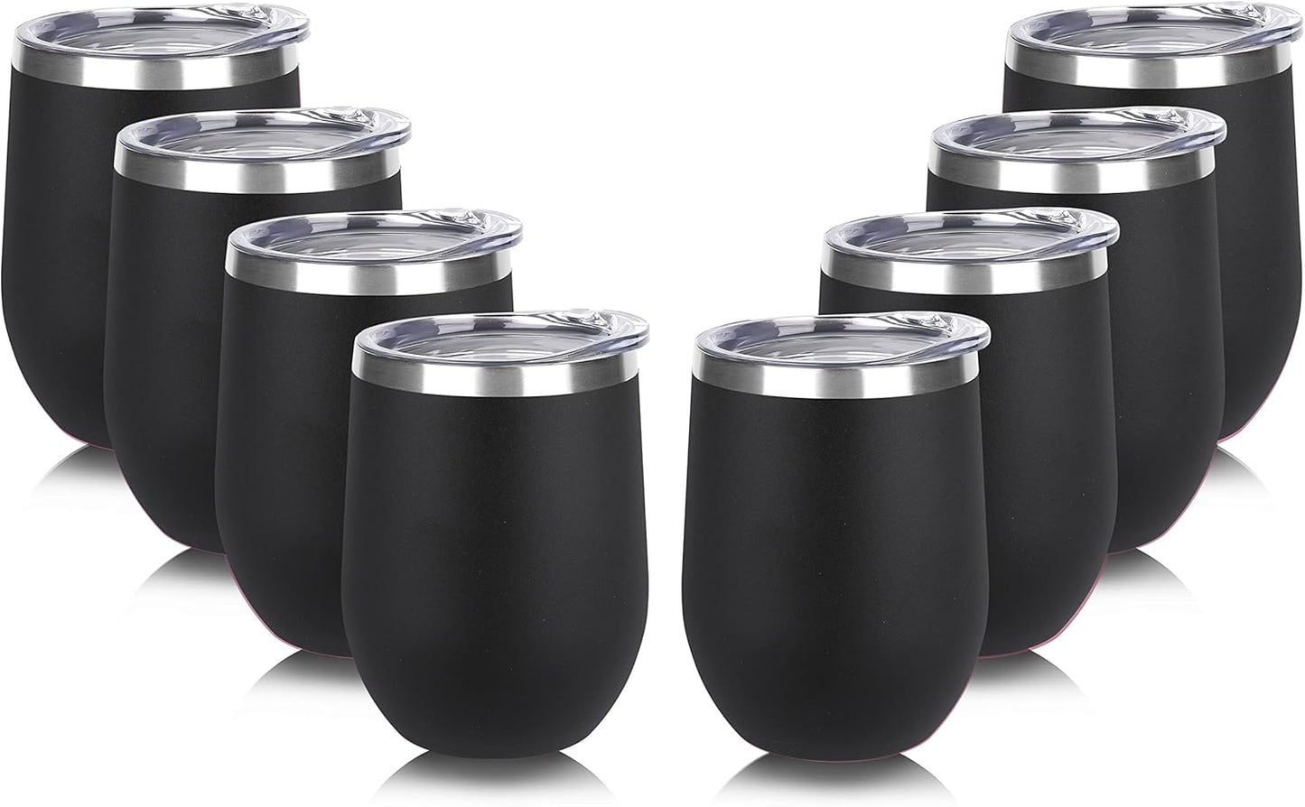 Stainless Steel Wine Tumbler Bulk with Lid, Personalized Insulated Tumblers Set, 12Oz Travel Coffee Cups Pack of 8, Black