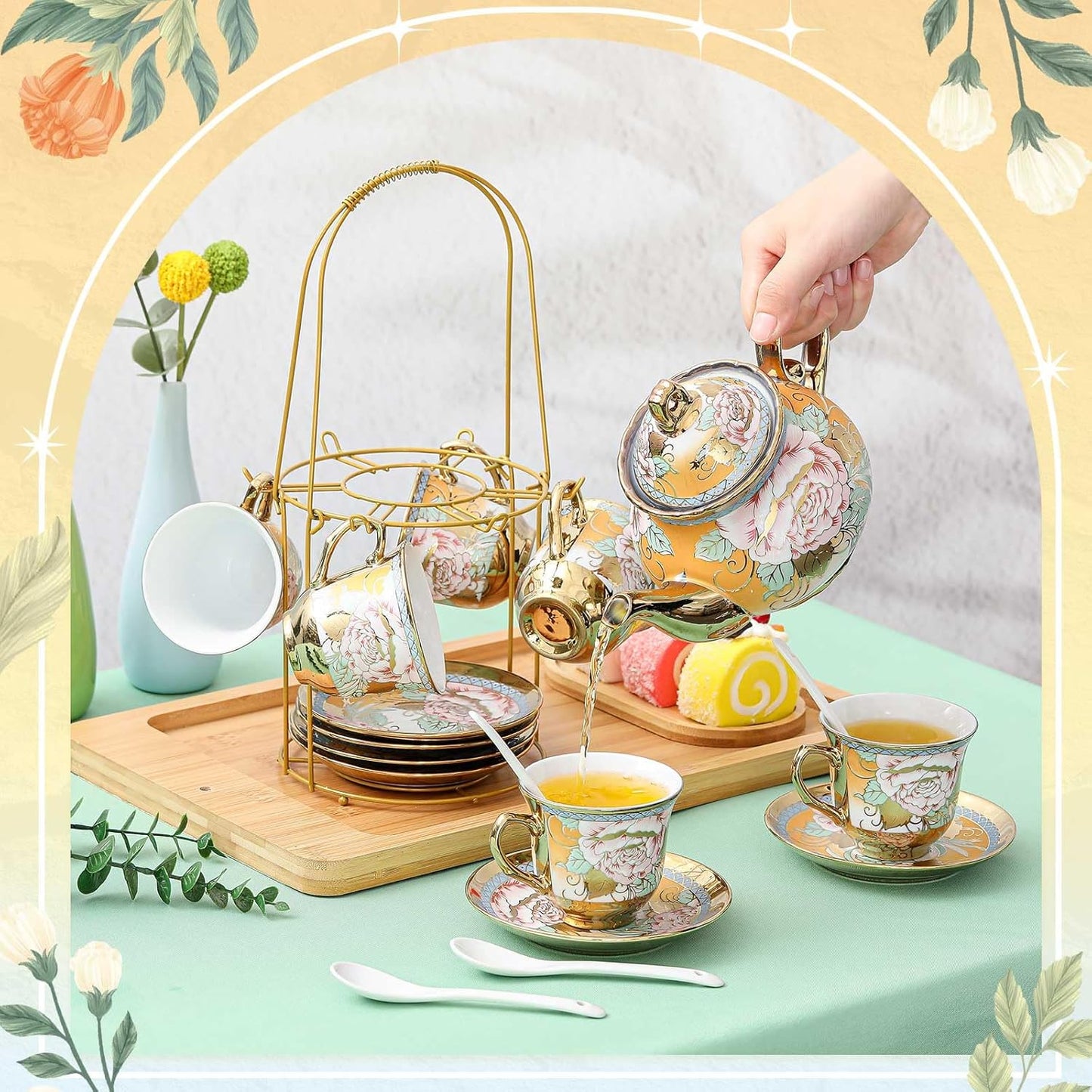 Zhehao 20 Pcs Porcelain Tea Set with Metal Holder and Spoon Adult Ceramic Tea Party Set European Flower Painting Teapot Cup Saucer Spoon Set for Women, Large Version(Classic Style)