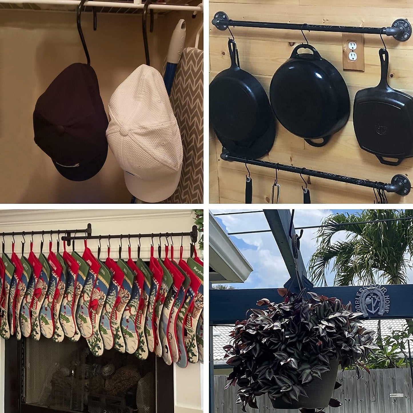 4 Pack Large S Hooks for Hanging Heavy Duty, 6 inch Non Slip Vinyl Coated Metal Closet S Hooks for Hanging Kitchen Utensil Pot Pan Cups Clothes Jeans Towels Hats Bags Plants (Black)