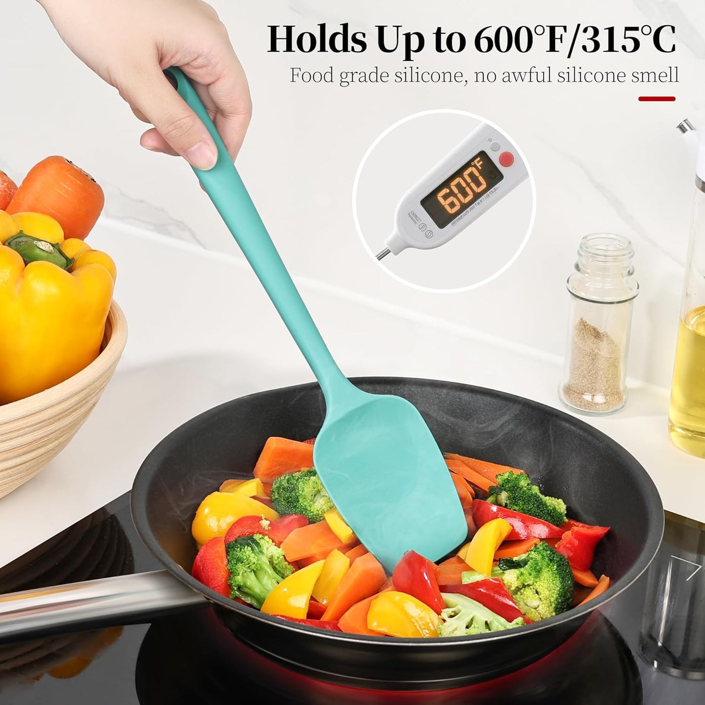 600ºF Heat Resistant Spatulas, High Heat Food Safe Semless Kitchen Silicone Scraper Set for Cooking Baking Mixing Scraping Stirring Nonstick Cookware Pan Bowl (2Pcs,Aqua Sky)