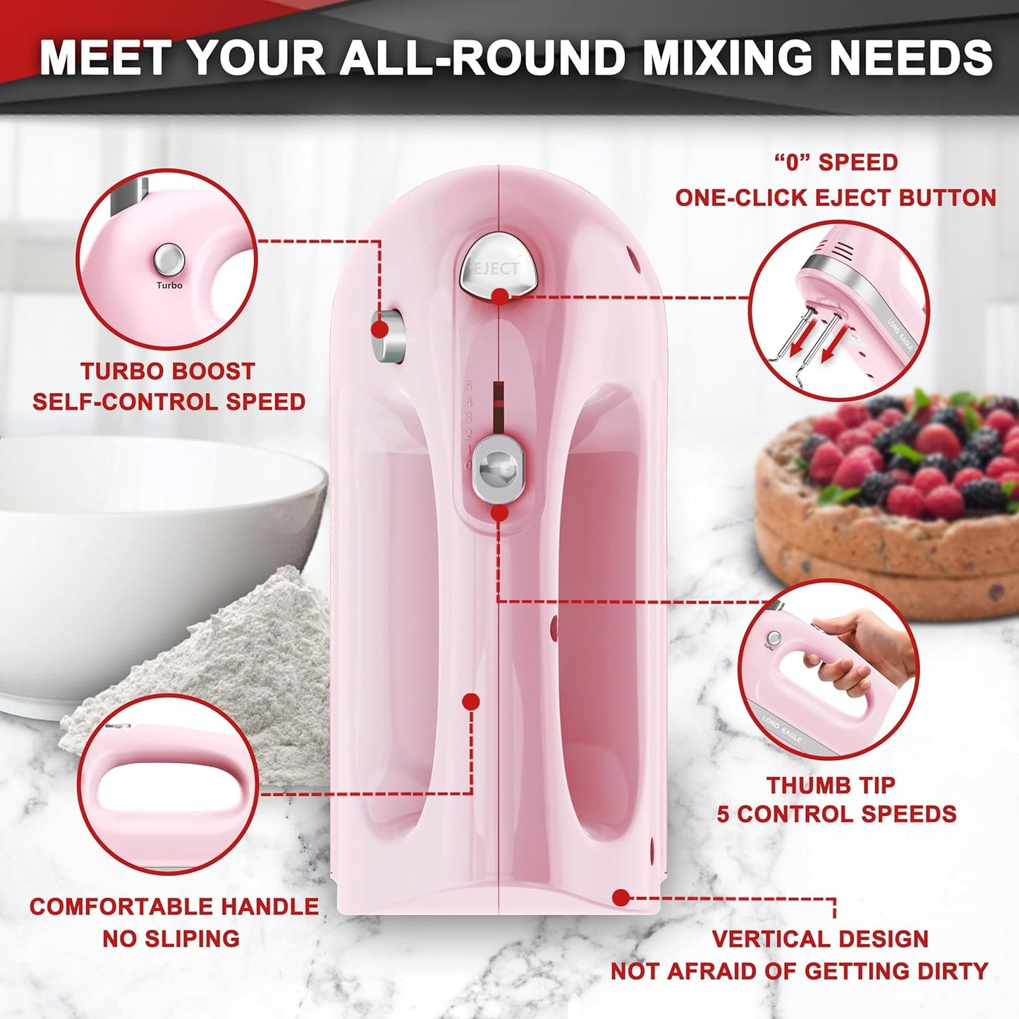 Lord Eagle Hand Mixer Electric 400W, 5 Speed handheld Mixer, 5 Stainless Steel Accessories for Baking Cake Egg Cream Food Beater, Turbo Boost/Self-Control Speed + Eject Button