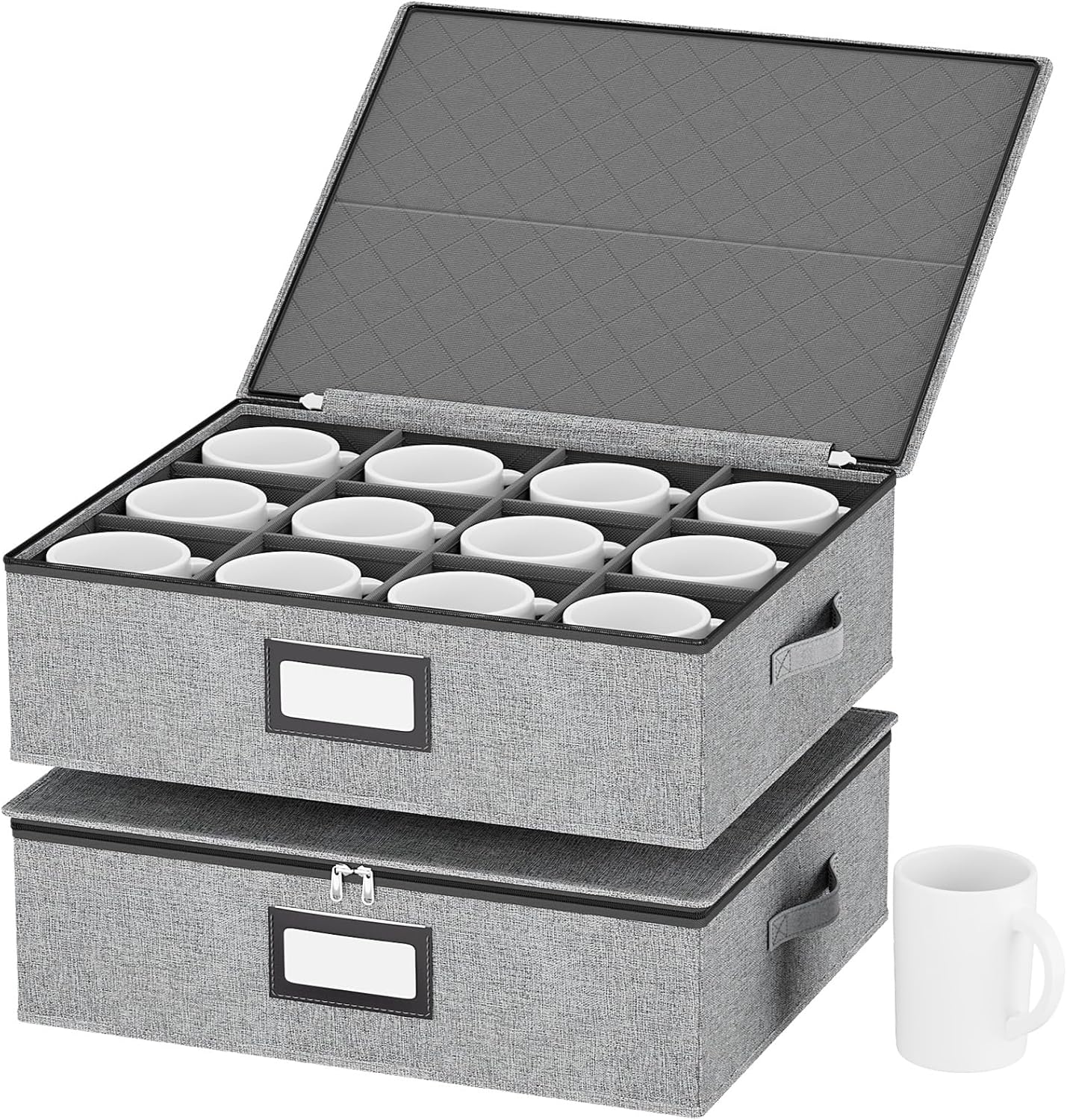homyfort Coffee Mug Storage Box with Dividers, Durable China Storage Containers for Coffee Mugs, Tea Cups Storage Organizer with Lid, Handles, Label Window, Holds 24 Mugs, Hard Shell and Stackable