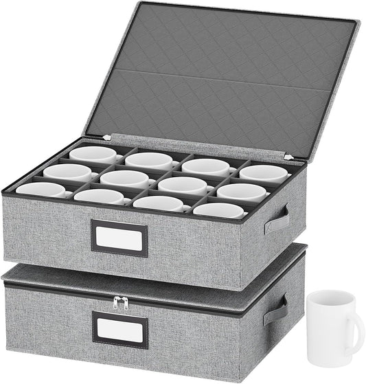 homyfort Coffee Mug Storage Box with Dividers, Durable China Storage Containers for Coffee Mugs, Tea Cups Storage Organizer with Lid, Handles, Label Window, Holds 24 Mugs, Hard Shell and Stackable