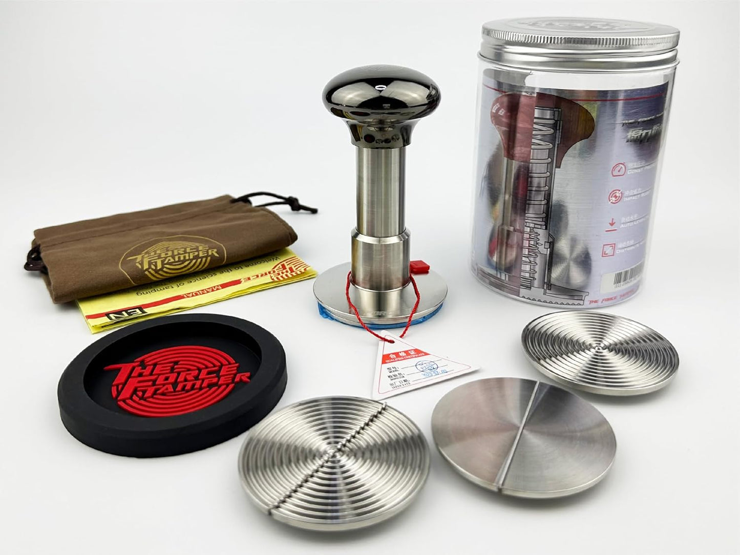 The Force Tamper Automatic Impact Coffee Tamper Adjustable Const Pressure and Autoleveling Duo-Distribute Set New (Jelly-Black Mirror AL, 53.50mm)