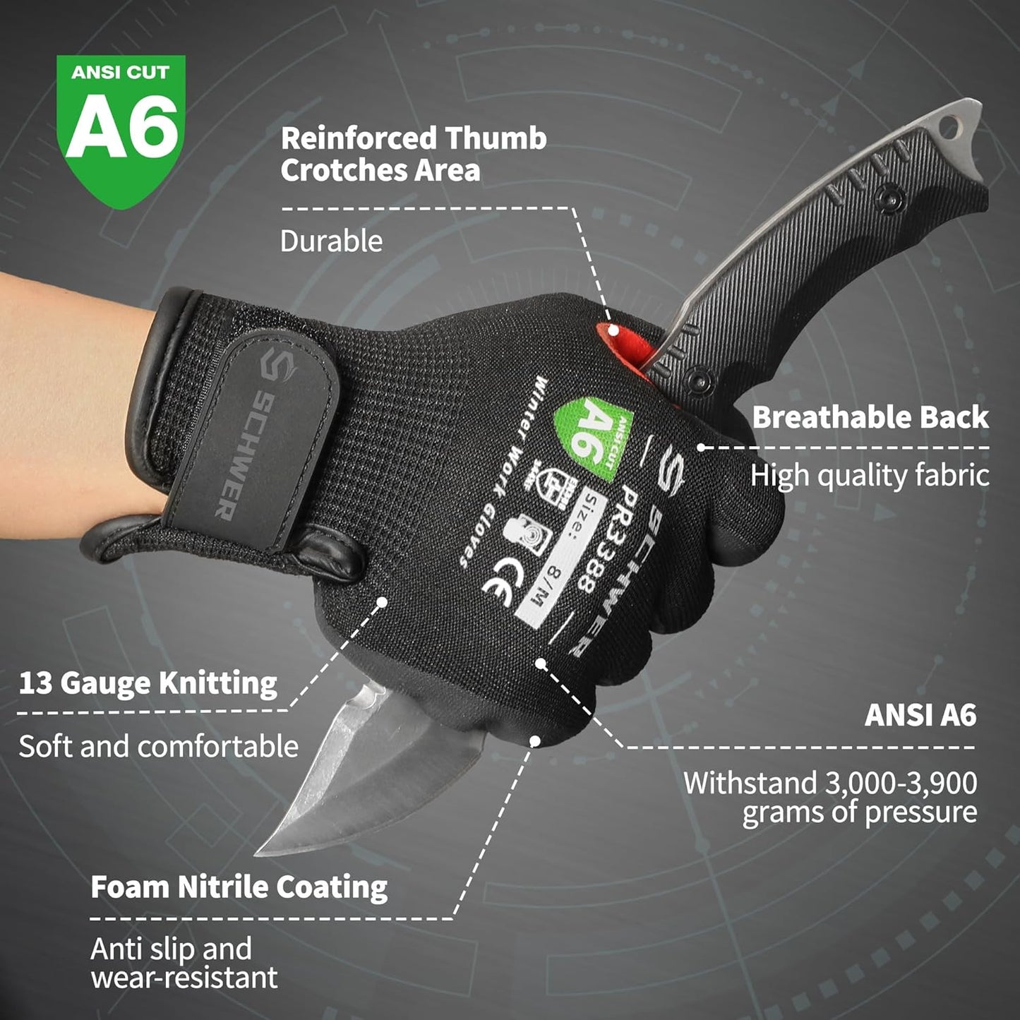 FreezeGuard Winter Work Gloves for Men and Women, ANSI A6 Cut Resistant Gloves With Super Grip, Freezer Glove for Work, Touchscreen, Thermal Insulated, PR3388, Non PFAS, Black Knight (M, 1 Pair)