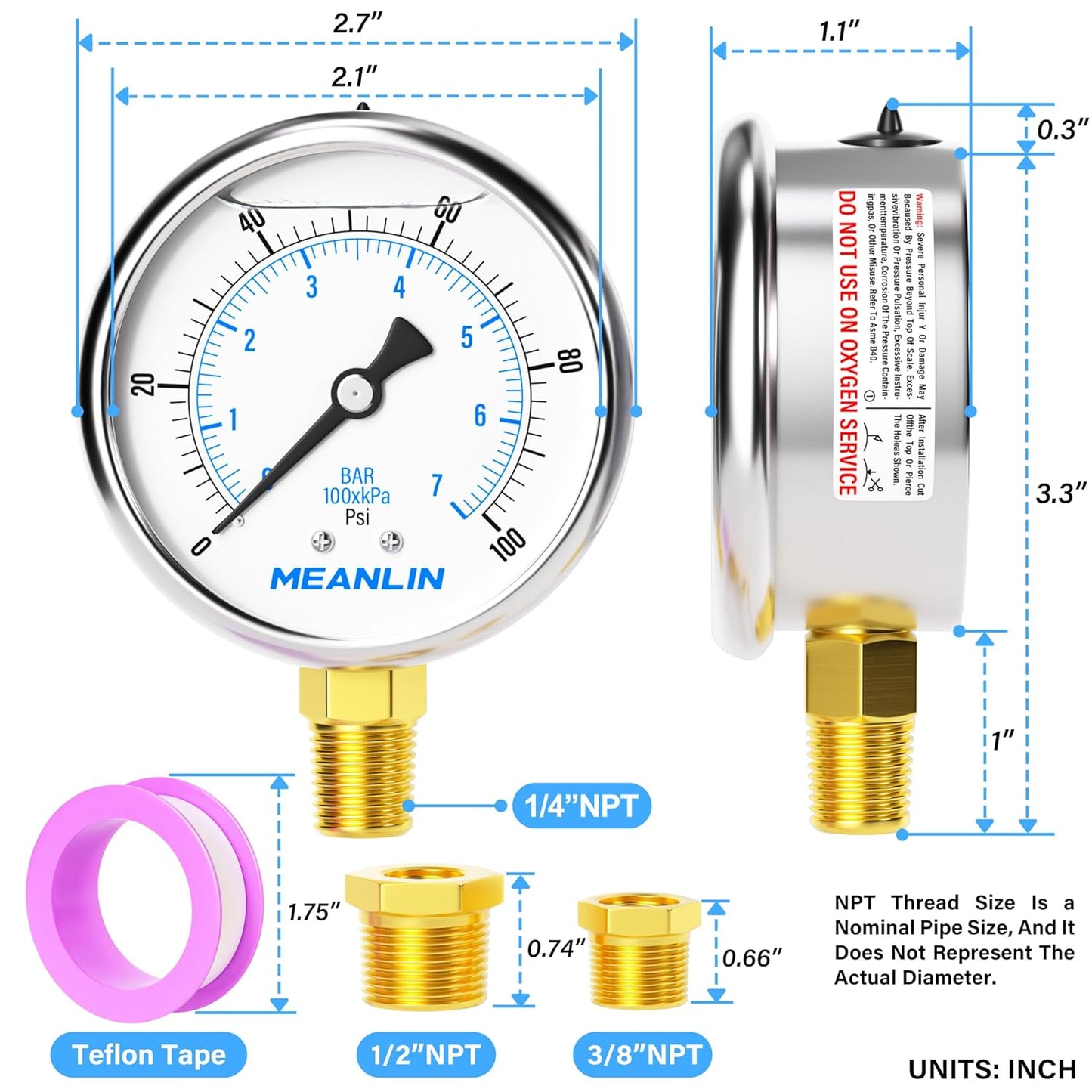 MEANLIN MEASURE 0~100Psi Stainless Steel 1/4" NPT 2.5" FACE DIAL Liquid Filled Pressure Gauge WOG Water Oil Air Lower Mount, with 1/2" NPT and 3/8" NPT Hex Bushing
