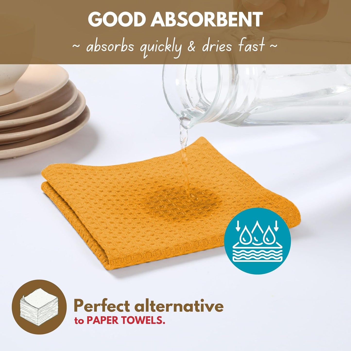 Native Fab Cotton Kitchen Towel with Hanging Loop 16x26 inches, 12-Pack, Waffle Weave Kitchen Towels for Cleaning Drying, Washcloths Soft & Absorbent Cloth Rags, Bar Towel, Dish Cloth, Mustard Yellow