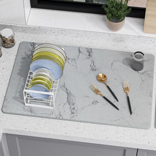 Large Stone Drying Mat for Kitchen Counter, 24" ¡¿ 16" Diatomite Dish Drying Mat, Quick Dry Stone Mats, Ultra Absorbent Natural Diatomaceous Earth Mats for Dished, Bottles, Grey Marble
