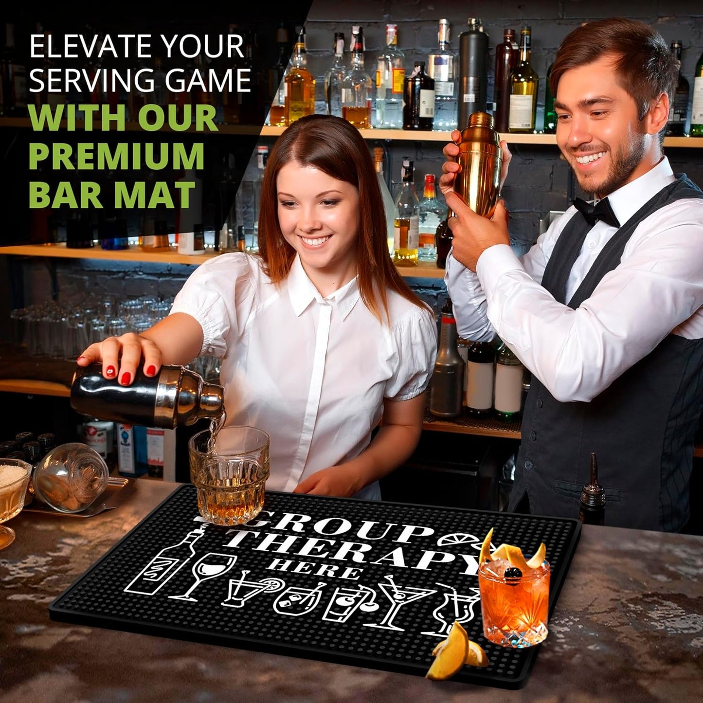 Group Therapy Bar Mat for Countertop - Ideal for Bartending & Home Bar Spill-Proof, Durable, Non-Slip Rubber Mat - Large Size 18"x12" - Bar Mats for Home Bar - Thick Rubber Mat