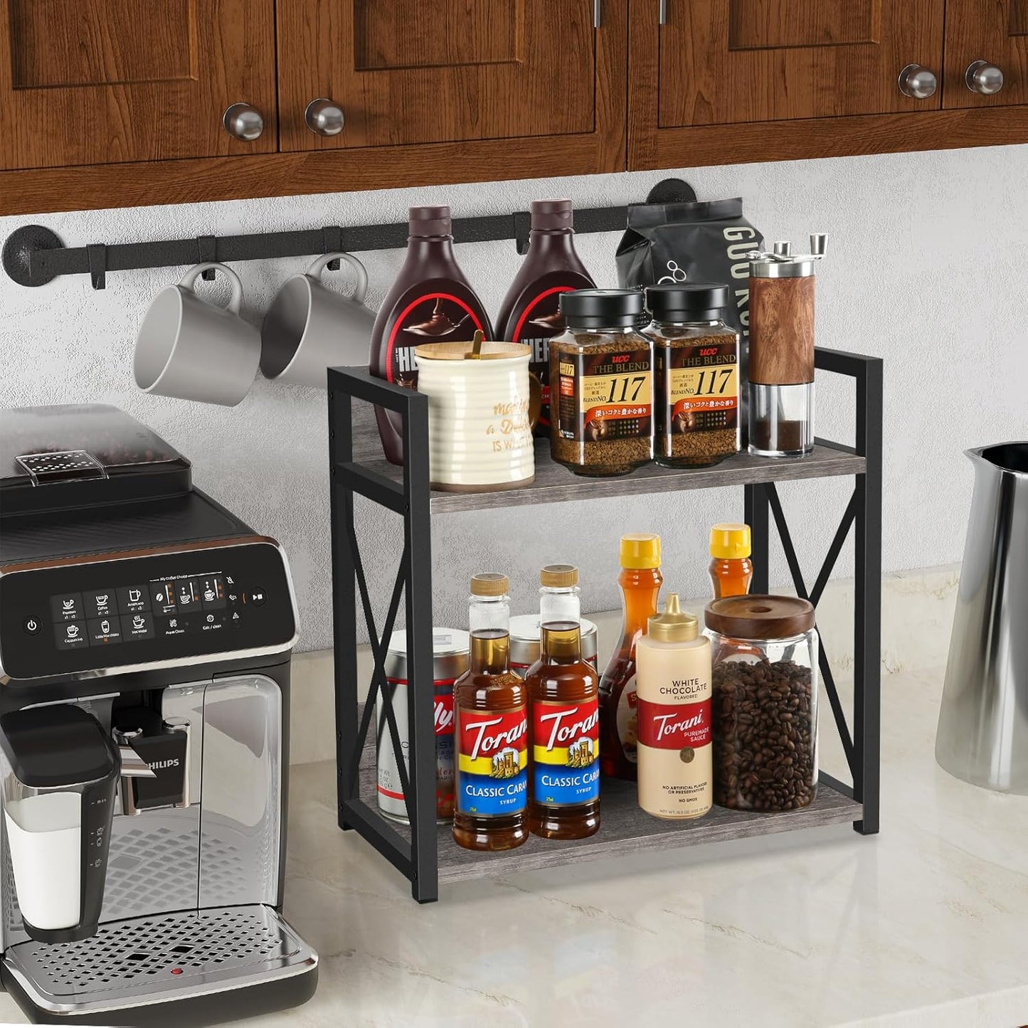 YINMIT Countertop Shelf Organizer,Coffee Bar Accessories,Spice Rack,Coffee Counter Shelf,2 Tier Coffee Organizer Station for Mugs,Cups,Cream,Syrup(Rustic Grey, Large)