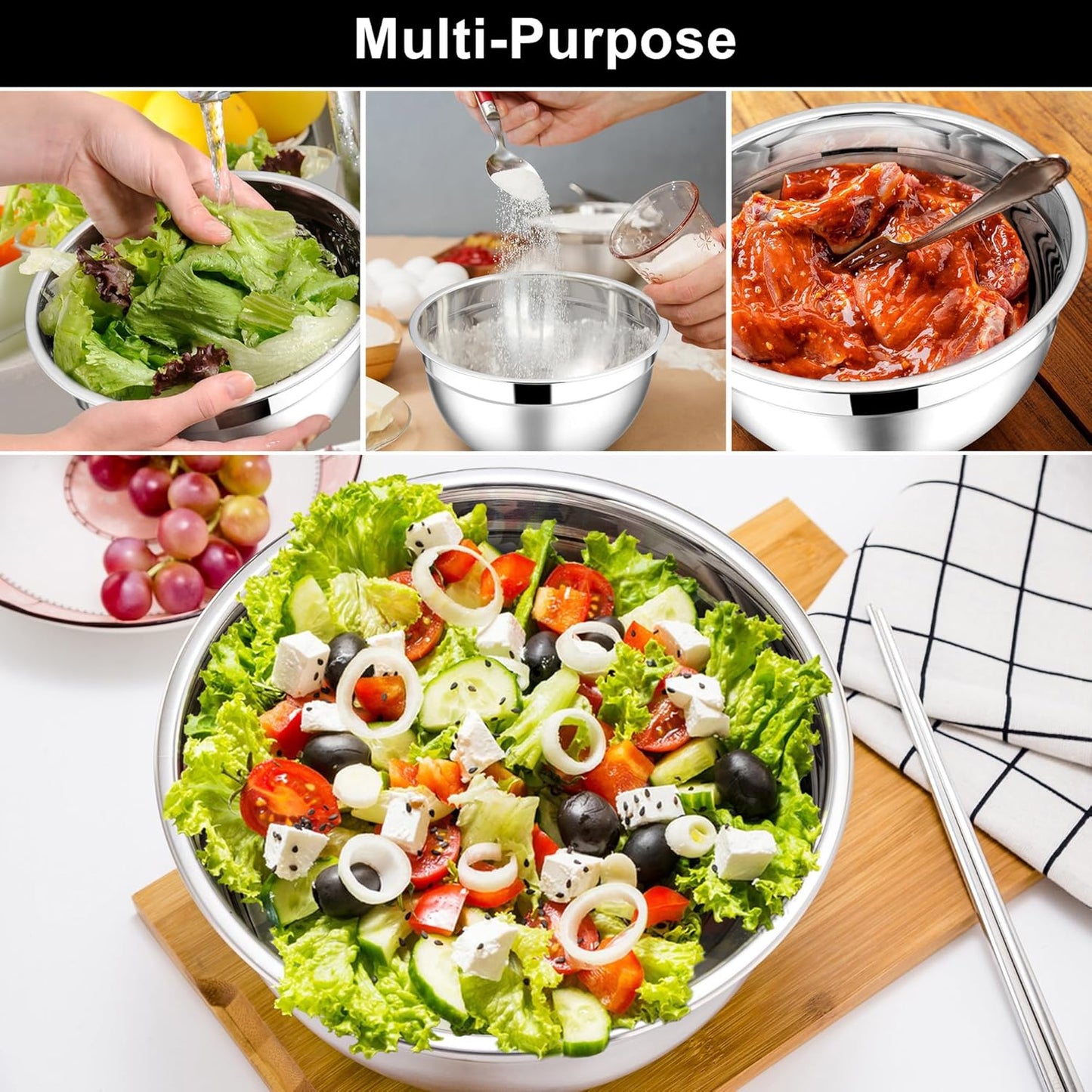E-far Mixing Bowls with Lids, 6-Piece Stainless Steel Salad Bowls Metal Nesting Bowls for Baking Cooking and Prepping, Airtight Lids & Stackable Design, Size 4.5, 3, 1.5 QT (Black)