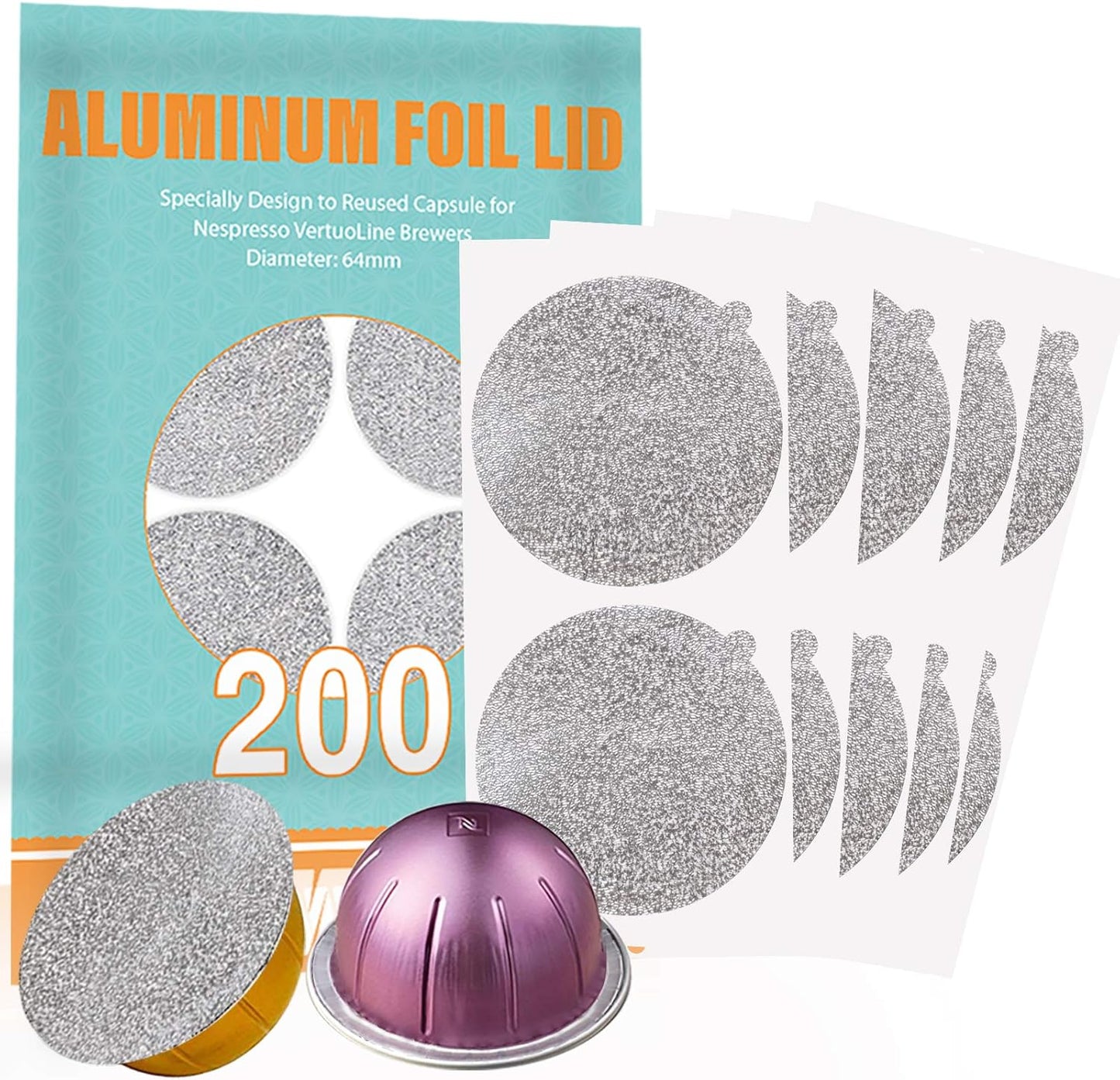 CAPMESSO Aluminum Foils Lids to Reuse Vertuoline Capsules Coffee Pods Compatible with Nespresso VertuoLine Machine 64mm(200/package)