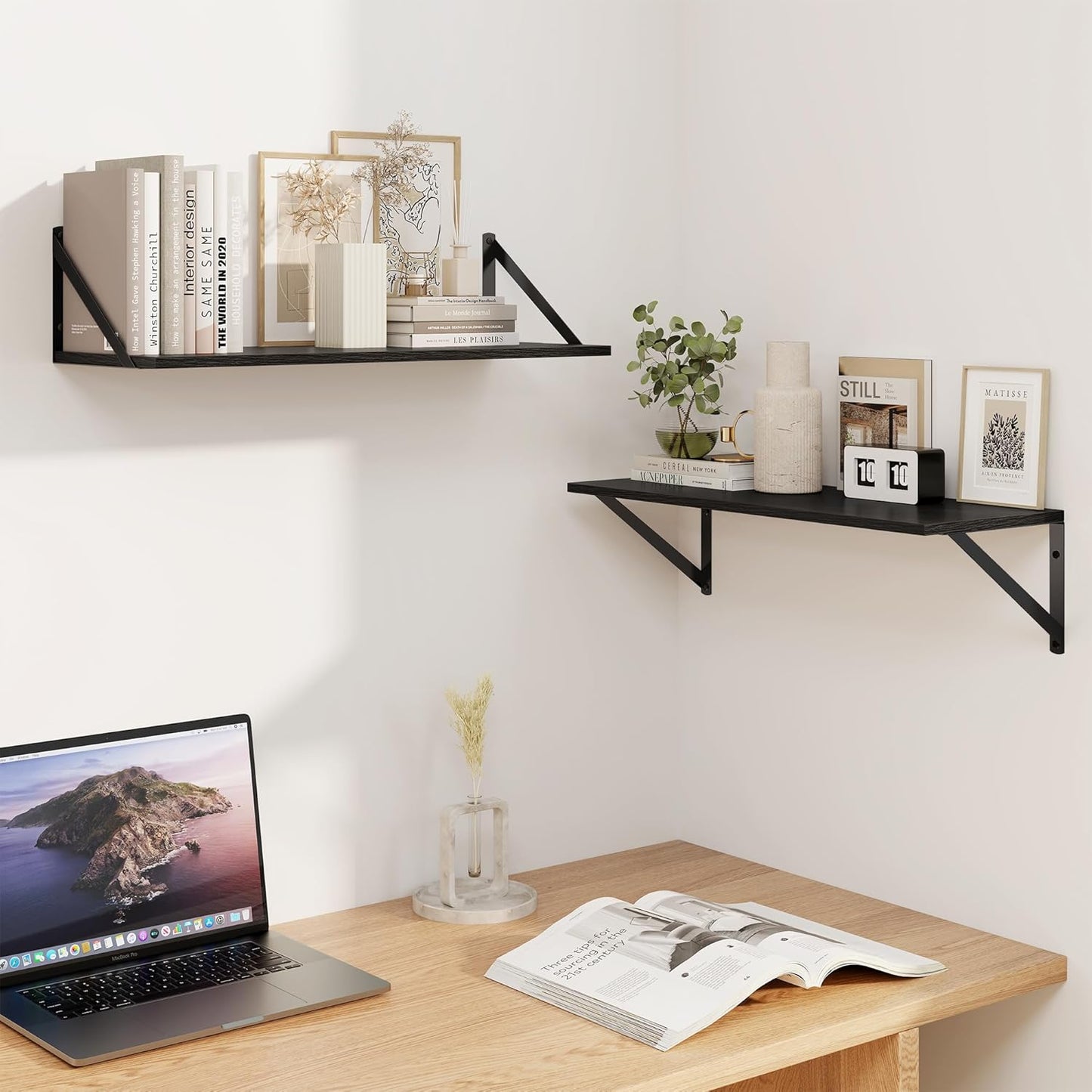 Heimlove Black Deep Floating Shelves for Wall, 24W x 8D Wood Wall Shelves Set of 2, Wide Floating Bookshelf for Living Room, Kitchen, Office, Bedroom and Decor Storage, with Metal Bracket - Black