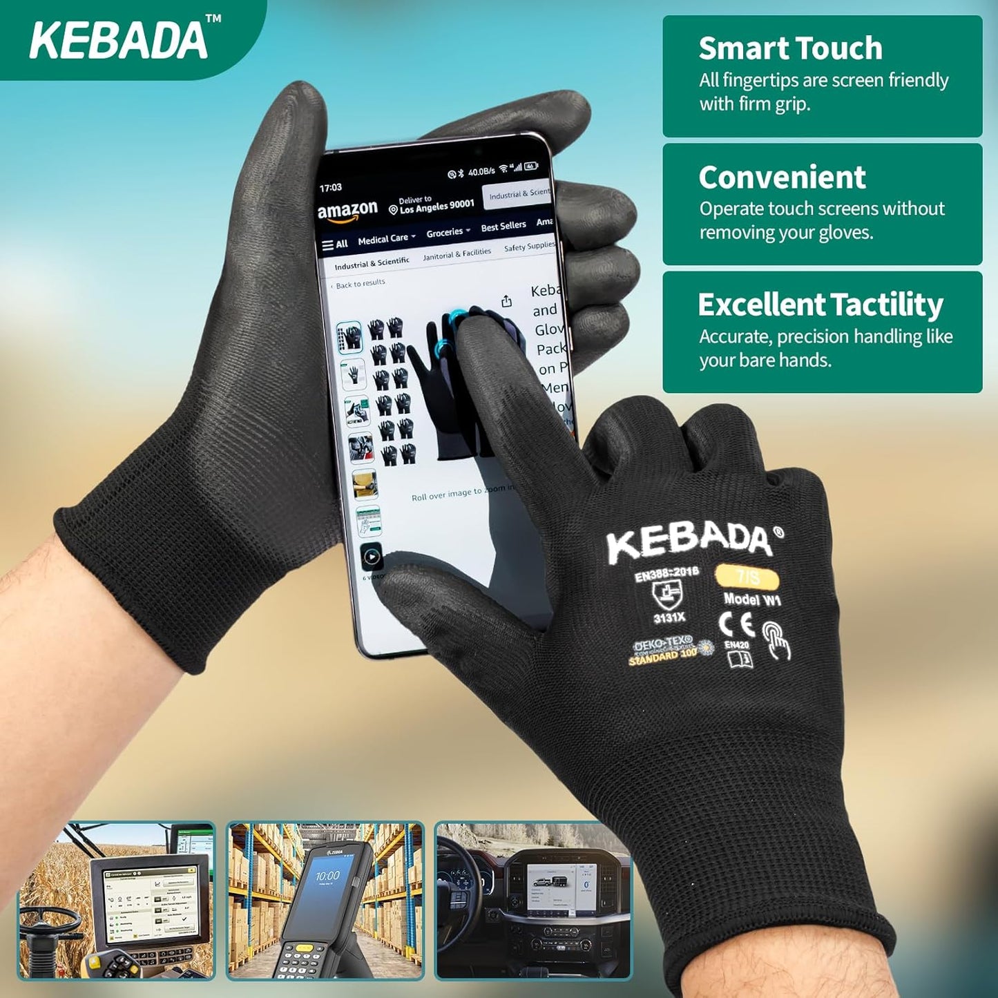 Kebada W1 Safety Work Gloves, PU Coated Touch Screen Work Gloves with Grip, Bulk Pack Working Gloves for Warehouse, Construction, Gardening and Mechanic Use, Black, 50 Pairs, Medium