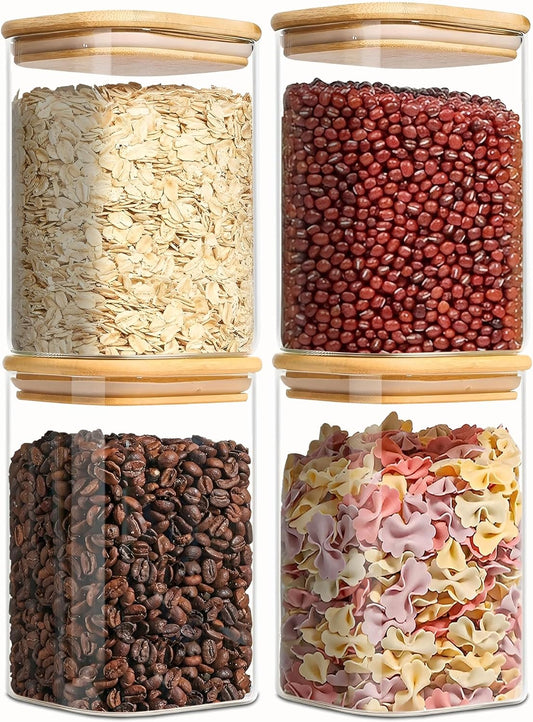 37oz Square Glass Storage Containers with Lids, glass jar with airtight lid, Glass Canister for Pantry Cookie Flour Cereal Rice Sugar Tea Coffee Beans Spice, Square Set of 4