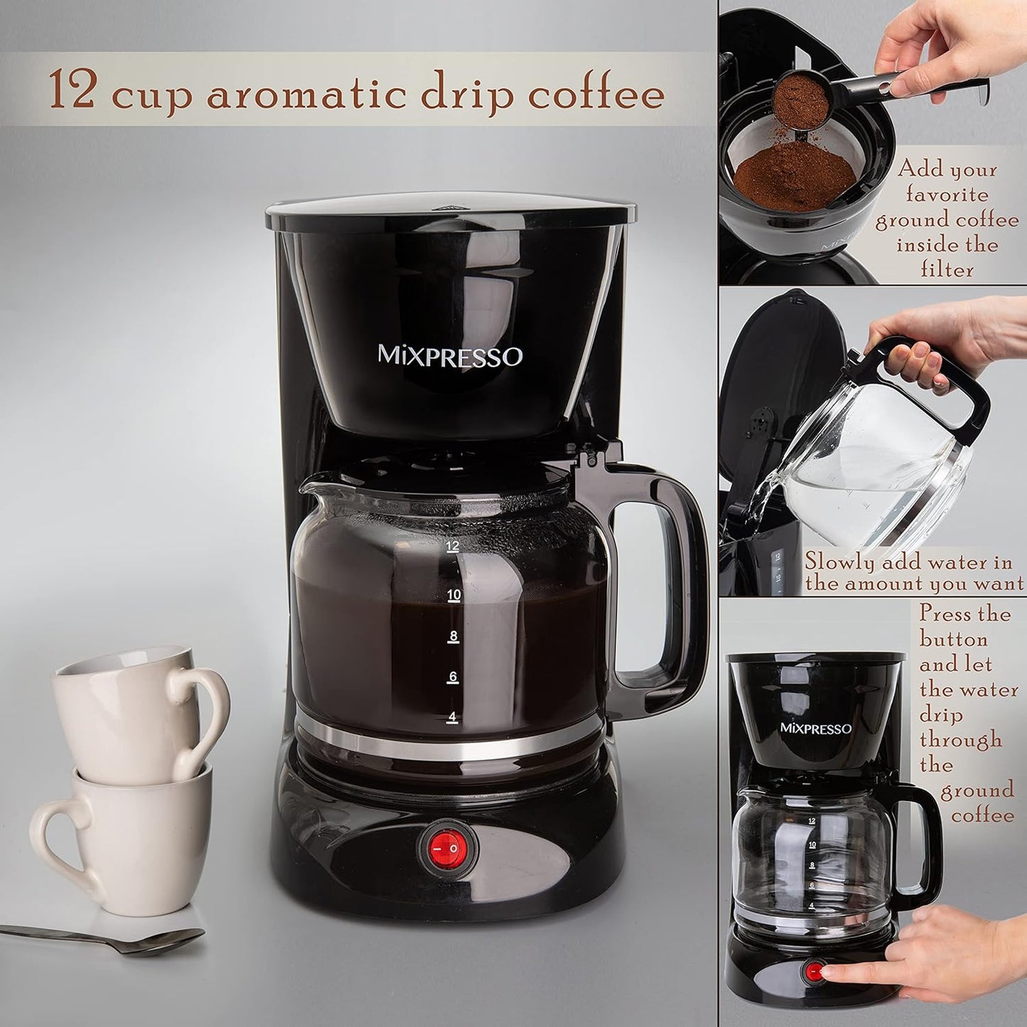Mixpresso 12 Cup Coffee Pot, Auto-Off & Reusable Filter, Large Drip Coffee Maker 12 Cup Borosilicate Glass Carafe, Anti-Drip Coffee Machine Water Level Window, Black Electric Coffee Maker
