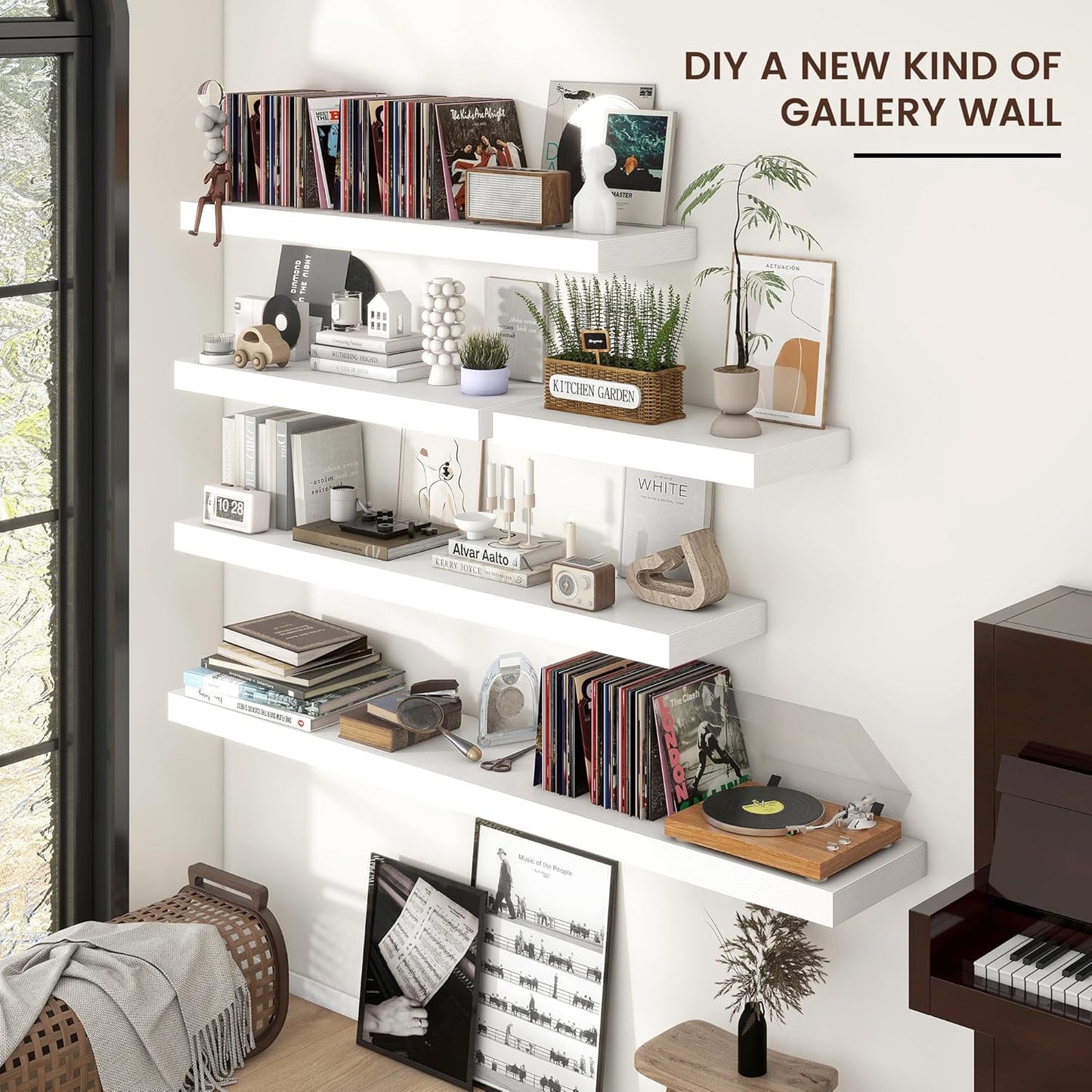 Floating Shelves for Wall, Large Wall Mounted Shelves with Invisible Brackets, Long Wood Floating Shelf for Living Room, Bedroom, Kitchen, (White, 72" W x 9" D x 1.5" H)