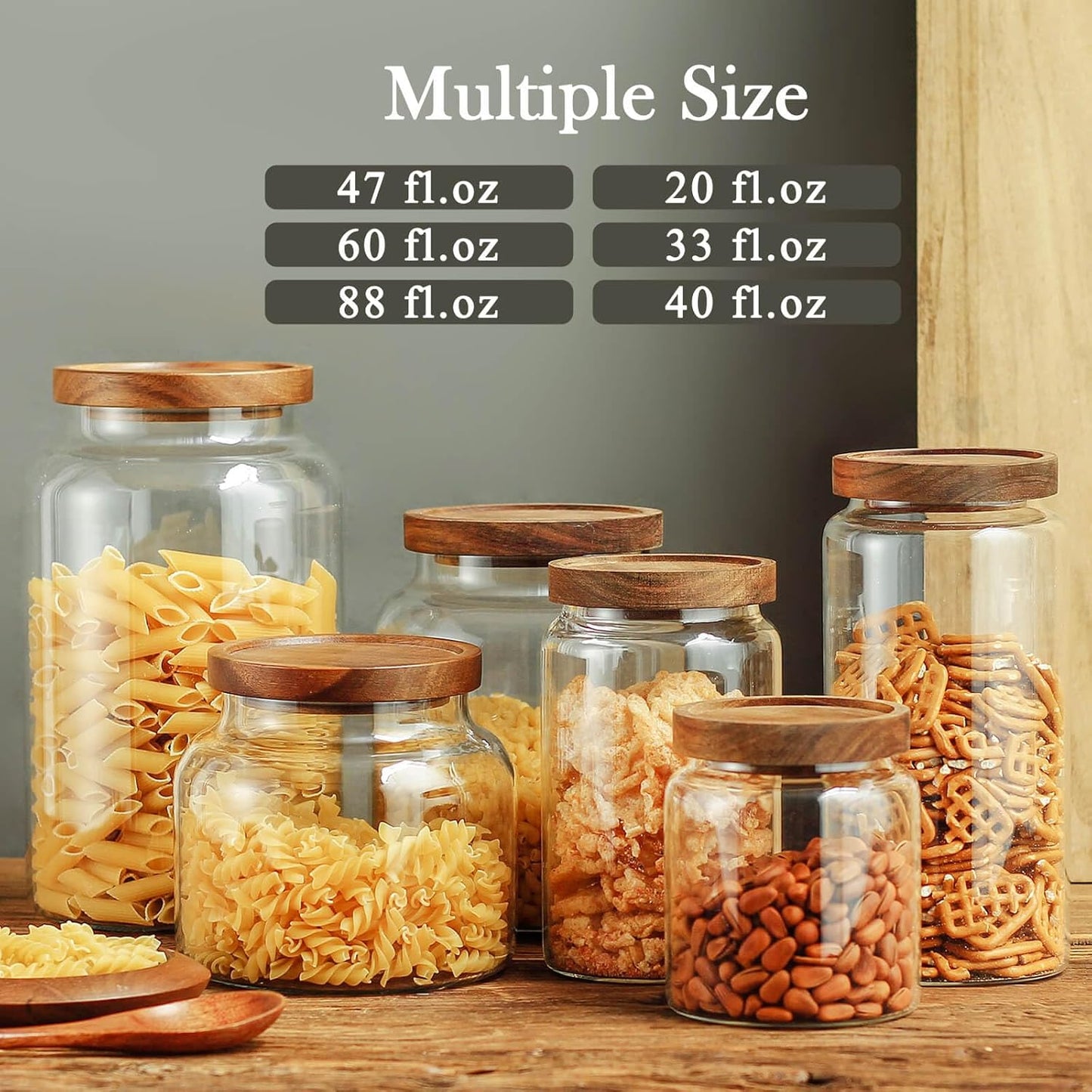 Labina Glass Storage Container Airtight Food Jars Kitchen Canister with Wood Lids, 40 Oz Wide Mouth Pantry Organization Glass Jar for Flour, Sugar, Cookie, Spagetti, Nuts and Candy