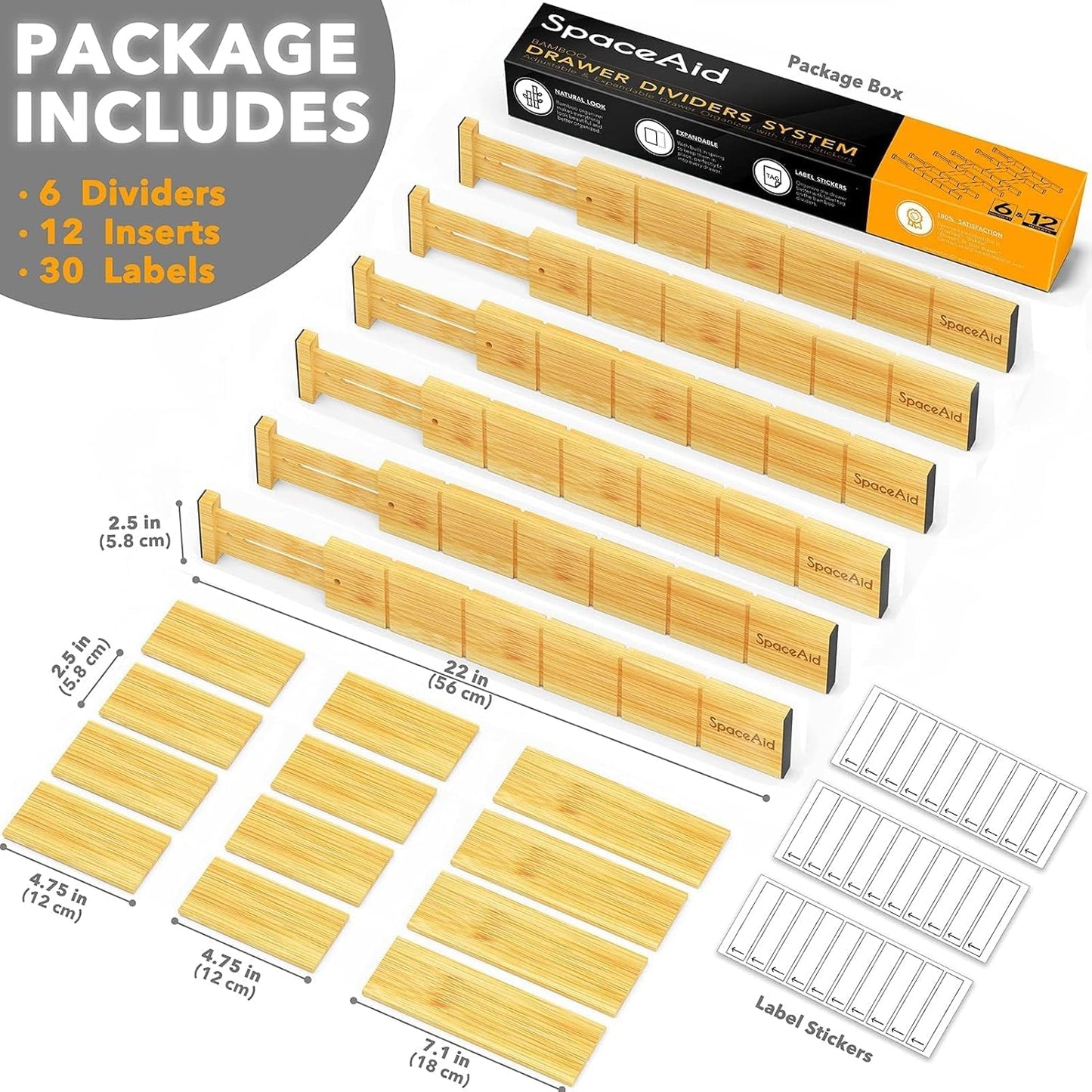 SpaceAid Bamboo Drawer Dividers with Inserts and Labels, Kitchen Adjustable Drawer Organizers, Expandable Organization for Home, Office, Dressers and Bathroom, 6 Dividers with 12 Inserts (17-22 in)