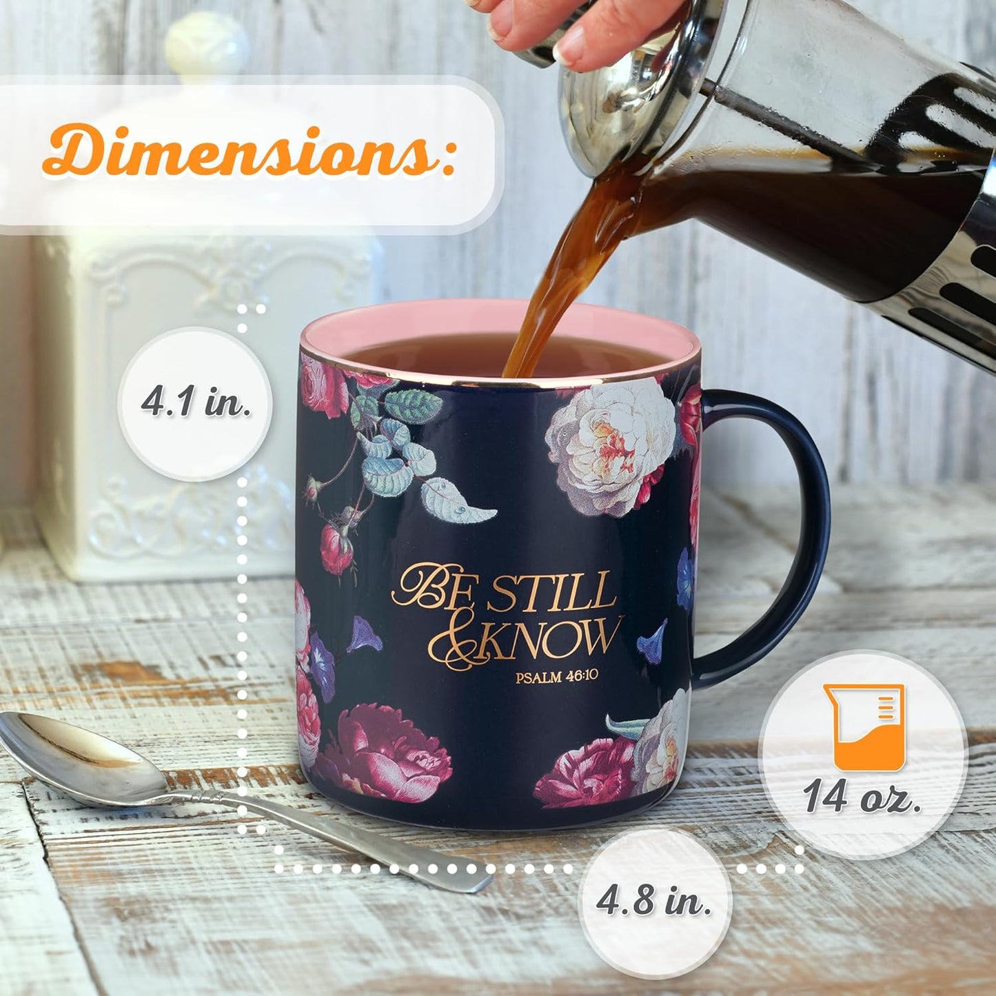 Christian Art Gifts Large Ceramic Inspirational Scripture Coffee & Tea Mug for Women: Be Still & Know Encouraging Gold Bible Verse, Lead/Cadmium Free Cute Drinkware, Dark Navy Blue/Pink Floral, 14 oz.