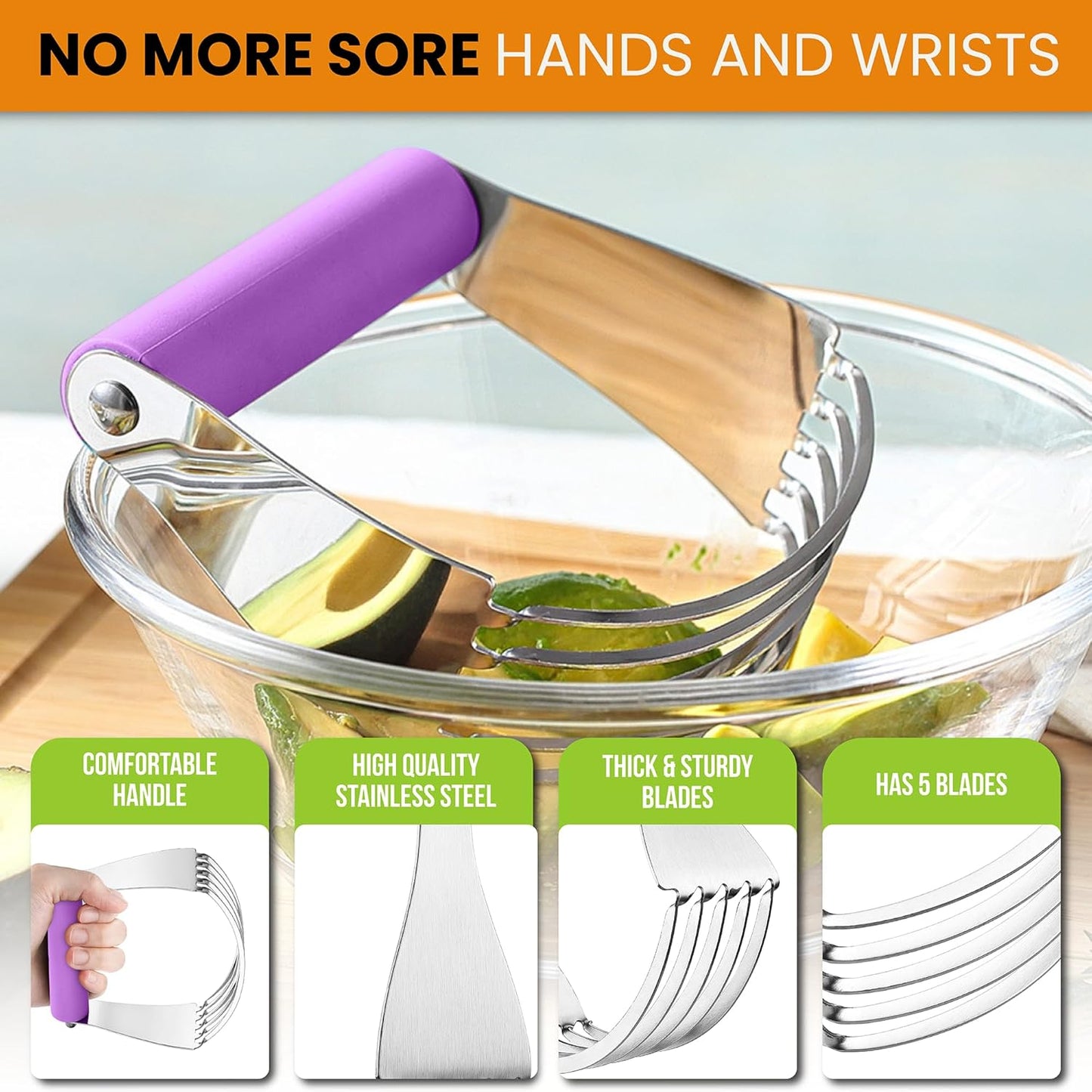 Spring Chef Large Dough Blender For Baking, Stainless Steel Puff Pastry Cutter Tool with Soft Grip Handle, Dishwasher Safe Dough Cutter Tool, Manual Pastry Blender for Easy Mixing - Orchid