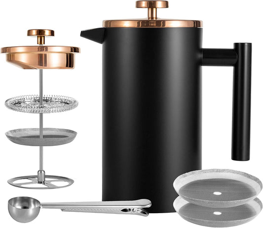 Small French Press Coffee Maker 600ml, Black Double-Wall Insulated French Press Coffee Press Stainless Steel for travel camping, Included 2 Extra Fliters and 1 Coffee Spoon (2-4cup, 20 OZ)