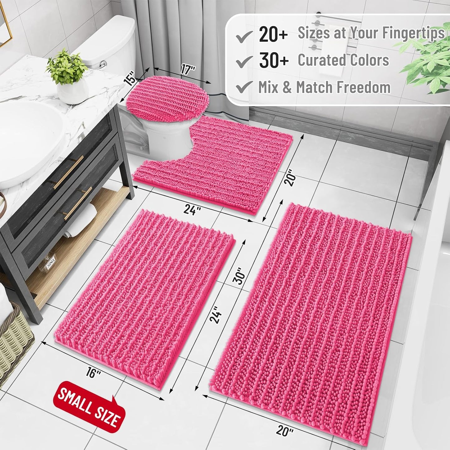 Arotive Luxury Chenille Bathroom Rug Mat, Extra Soft Thick Absorbent Shaggy Bath Rugs, Non-Slip Machine Wash Dry, Plush Bath Mats for Bathroom, Shower and Tub, 34x21, Deep Pink