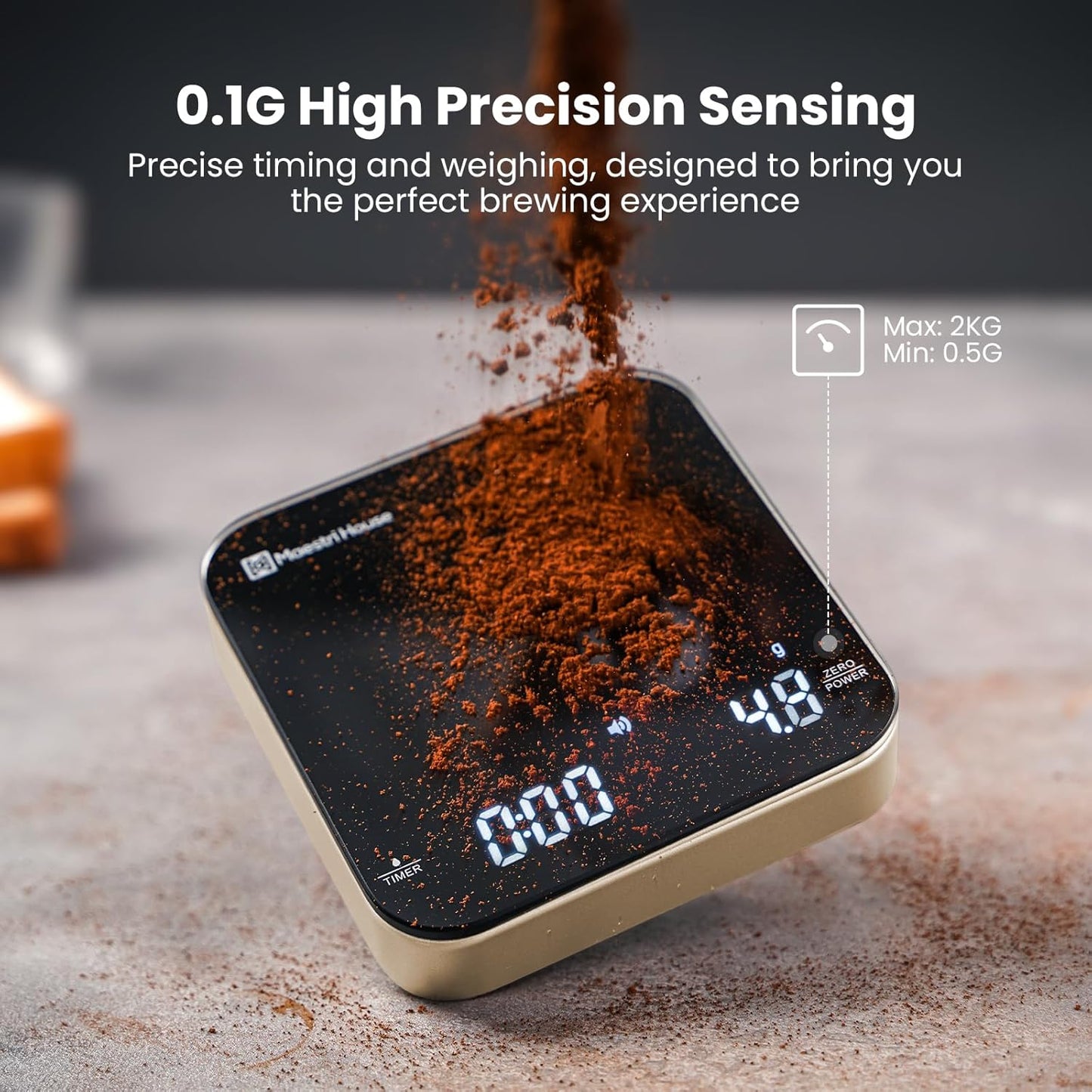 Rechargeable Mini Coffee Scale with Timer, Maestri House Espresso Scale, 2kg/0.1g Accurate Scale for Espresso and Pour-Over Coffee, Portable Digital Kitchen Scale with Automatic Timing(Black&Glod)