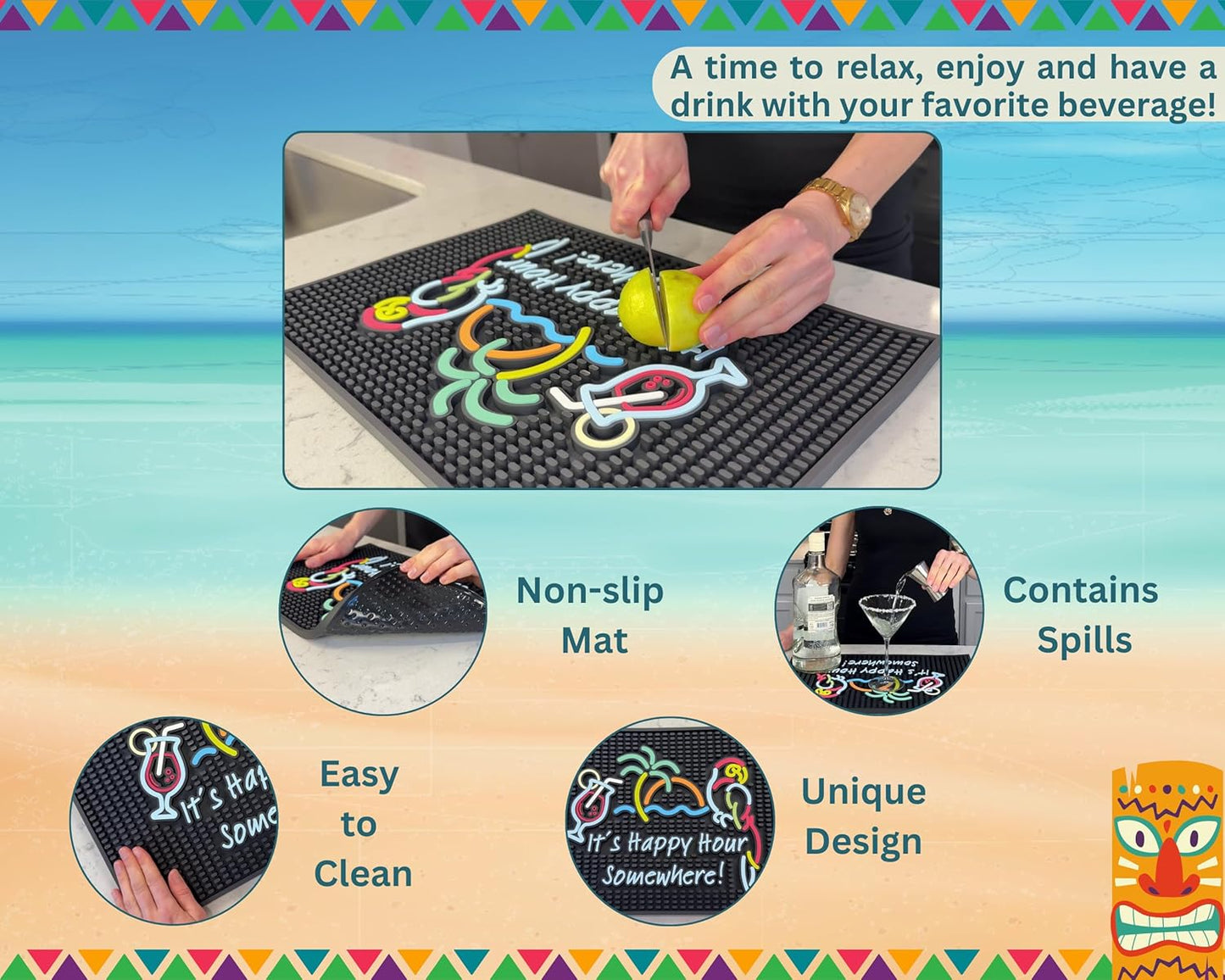 Tiki Bar Happy Hour Sign Rubber Bar Mat for Bartending 18x12 in, It's Happy Hour Somewhere Outdoor Tiki Bar Decor, Bar Mats for Countertop, Bar mat for Home Bar, Bartender Mat, Home Bar Accessories