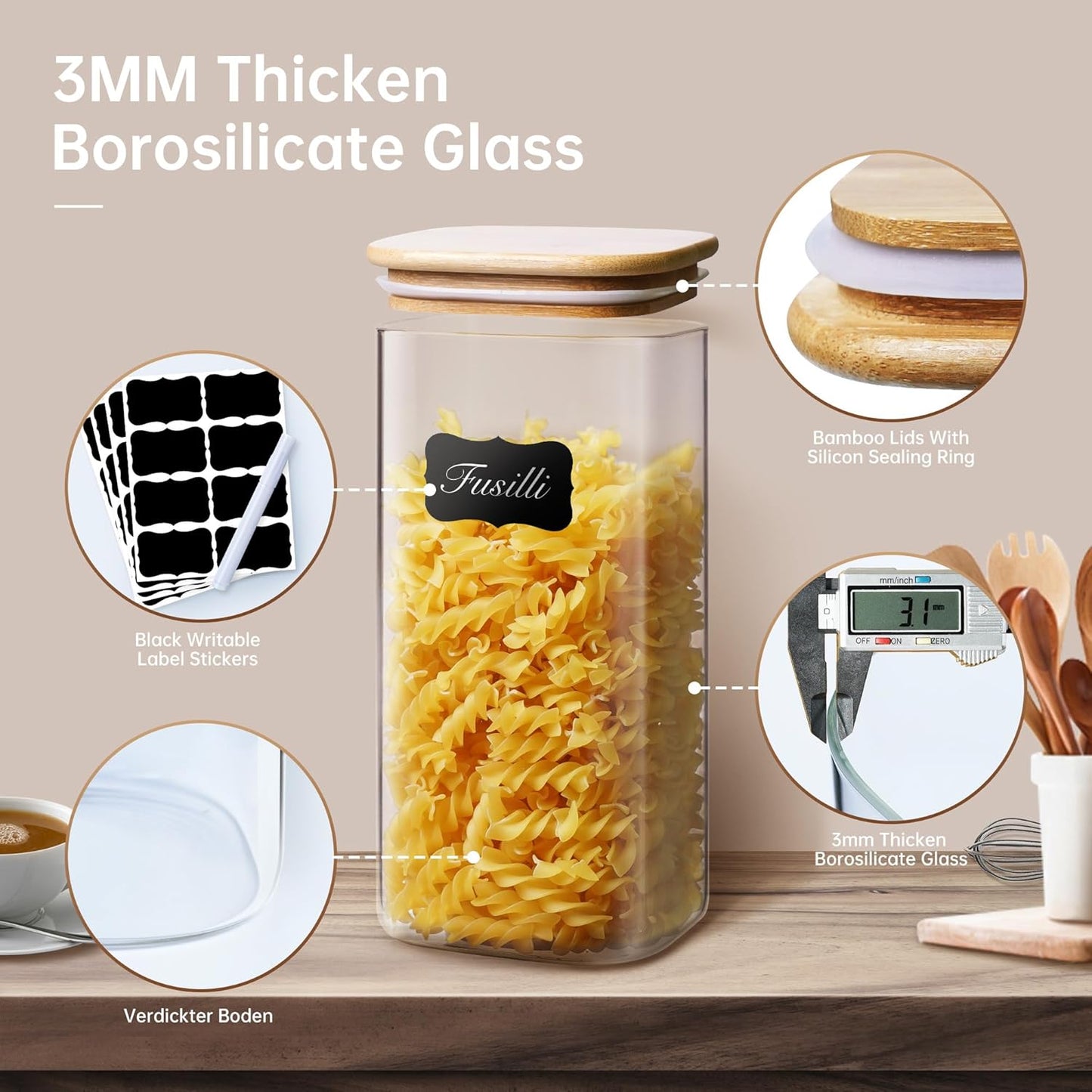 Extra Large Square Glass Flour & Sugar Storage Containers with Airtight Lids, 168 floz - 2 Pack Glass Jars with Bamboo Lids for Pantry, Air tight Food Storage Containers for Cereal, Pasta, Rice