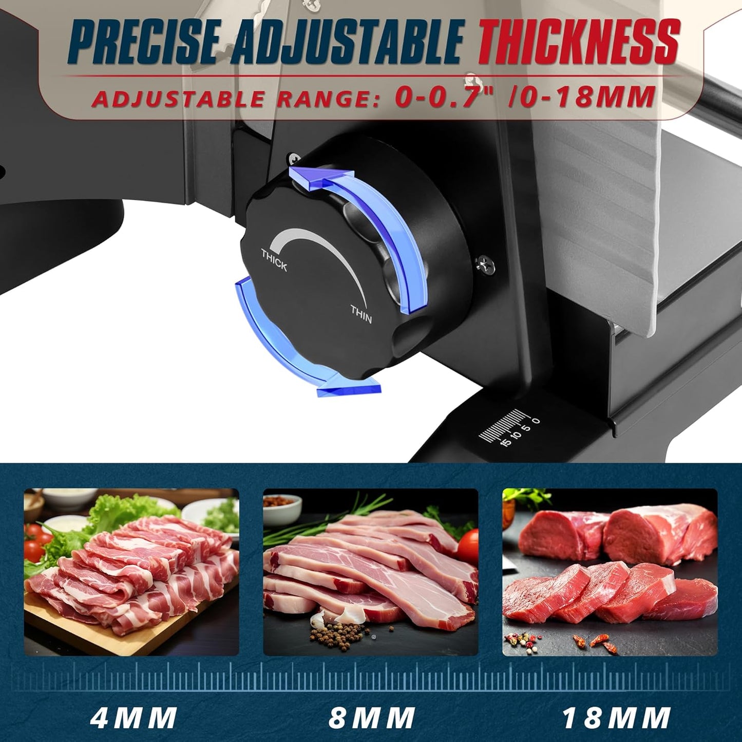 Meat Slicer, 200W Electric Food Deli Slicer with Adjustable Thickness and 2 Removable 7.5 Inch Stainless Steel Blades for Cheese and Bread, Ideal for Home (0-18 mm/0-0.7 Inches)
