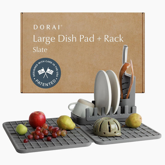Dorai Home Collapsible Dish Drying Rack and Stone Dish Pad ? Large Foldable Drying Rack with Instant - Dry Stone Mat ?Space-Saving Drainer Rack for Kitchen Counter - 24.6" x 16.5", Slate