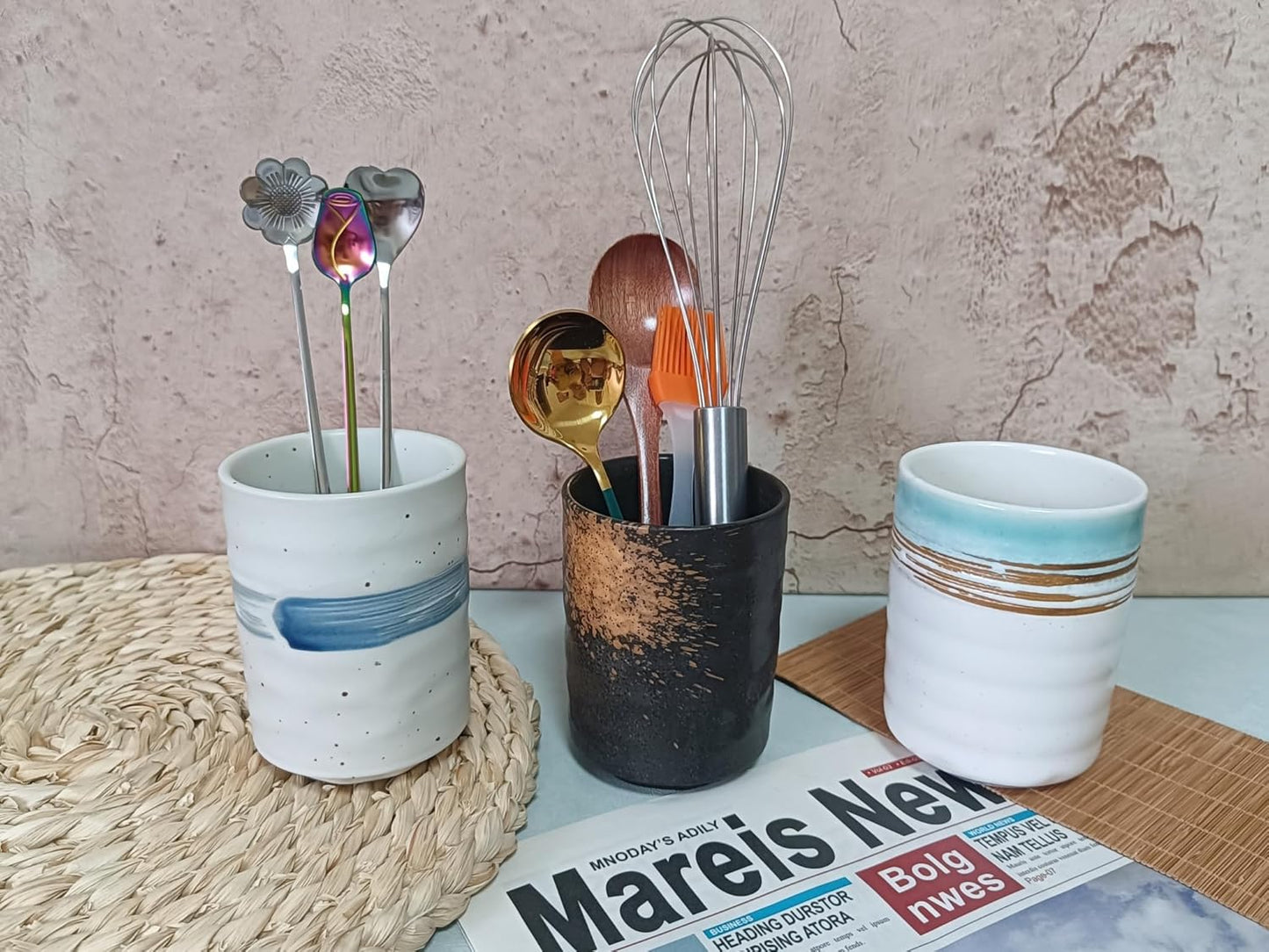 Stoneware Coffee Bar Utensil Holder Tea & Coffee Spoon & Stirrer Holder for Stir Stick Straw Teaspoon Holder Spoon Cup Small Utensil Jar (Coastal beach)