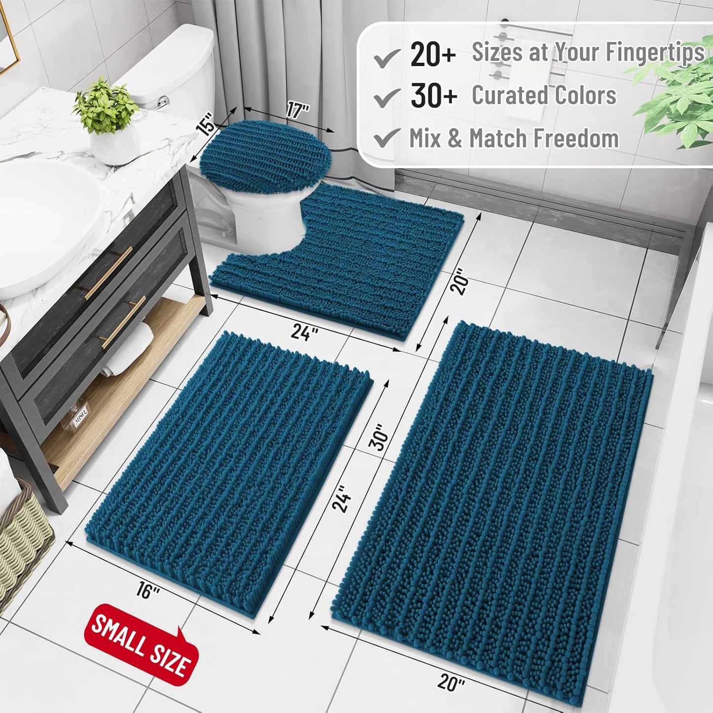 Arotive Luxury Chenille Bathroom Rug Mat, Extra Soft Thick Absorbent Shaggy Bath Rugs, Non-Slip Machine Wash Dry, Plush Bath Mats for Bathroom, Shower and Tub, 30x17, Peacock Blue