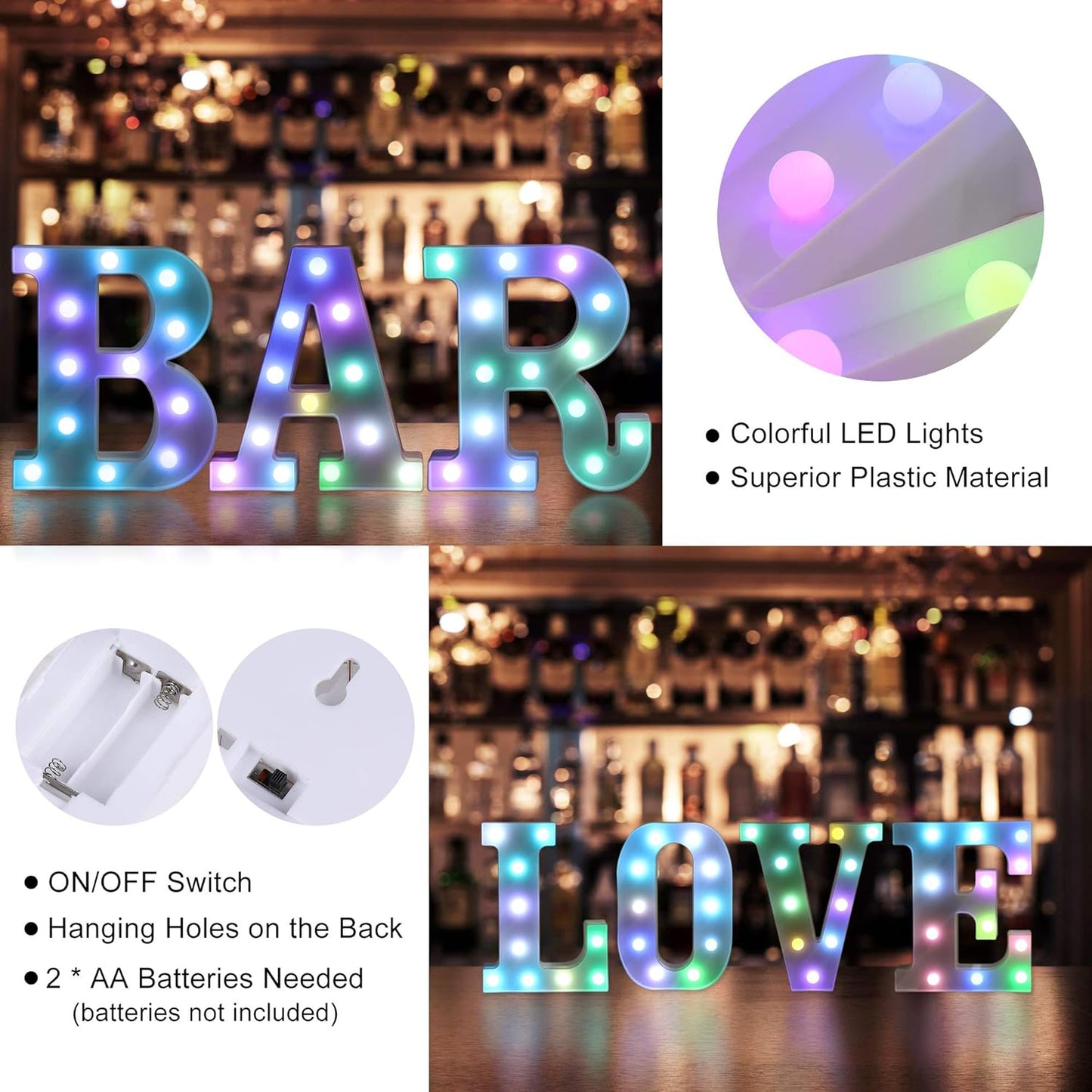 Foaky Colorful LED Letter Lights with Remote,Marquee Light Up Letters Sign for Night Light Wedding/Birthday Party Battery Powered Christmas Lamp Home Bar Decoration(J)